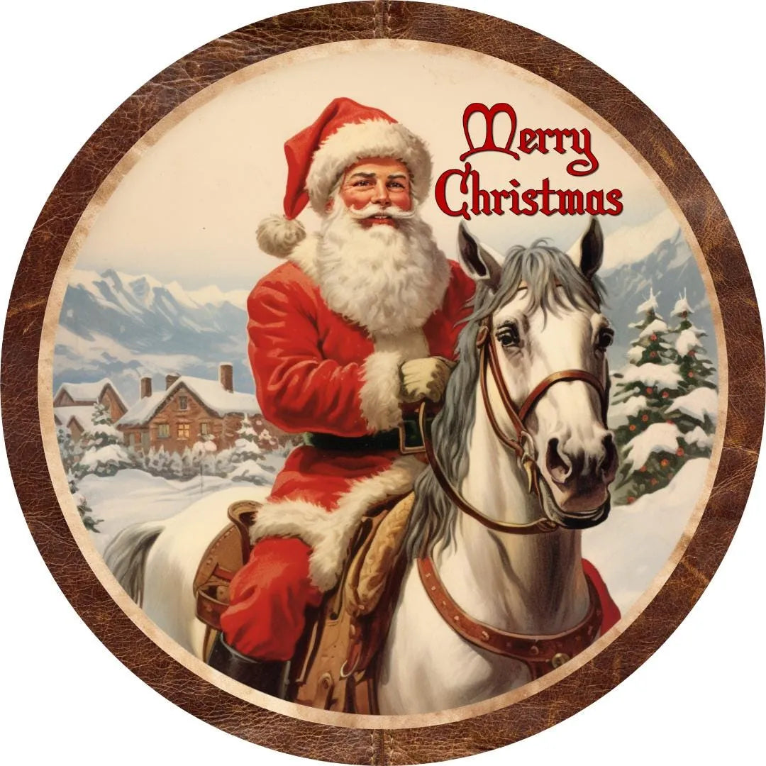 Rustic Merry Christmas Santa on Horse Sign, Vintage Western Holiday Decor, Cowboy Santa Wall Art, Christmas Cabin Decor