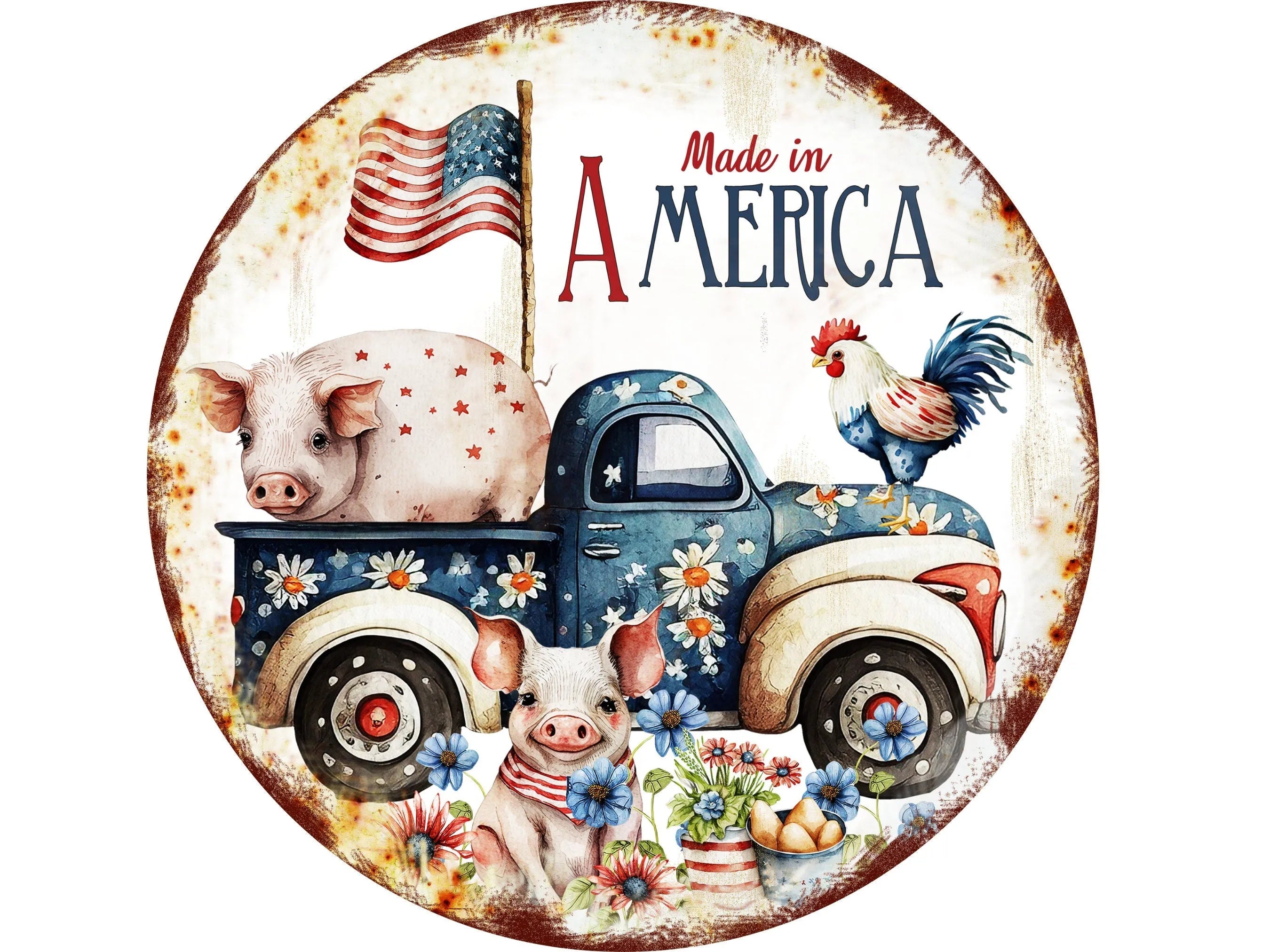 rustic patriotic farm animals' wreath sign, farmhouse 4th of July sign, USA farm animals sign, red, white and blue farm sign