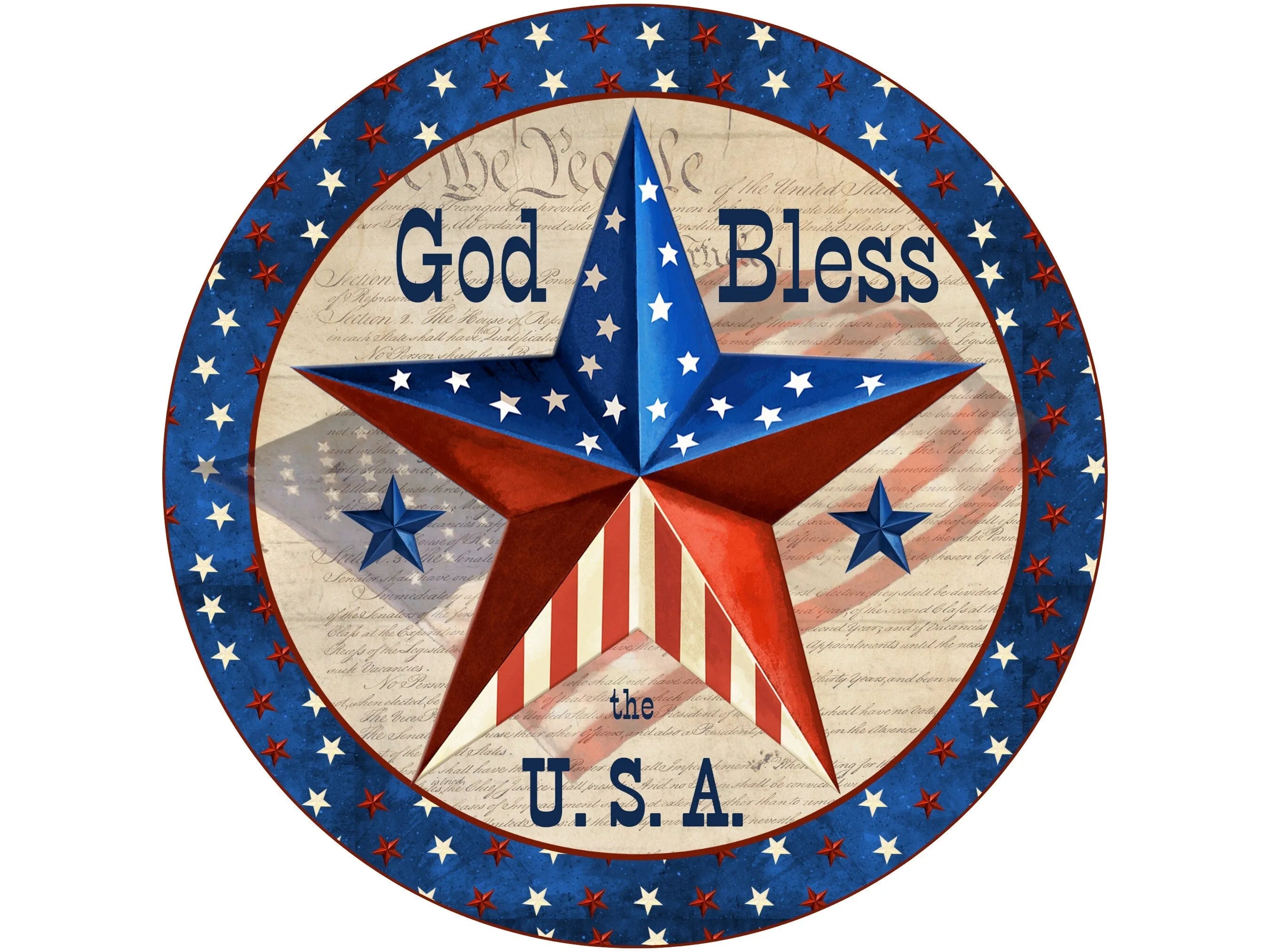 Rustic Patriotic star on parchment paper wreath sign, God Bless the USA wreath attachment, Stars and Stripes wall art