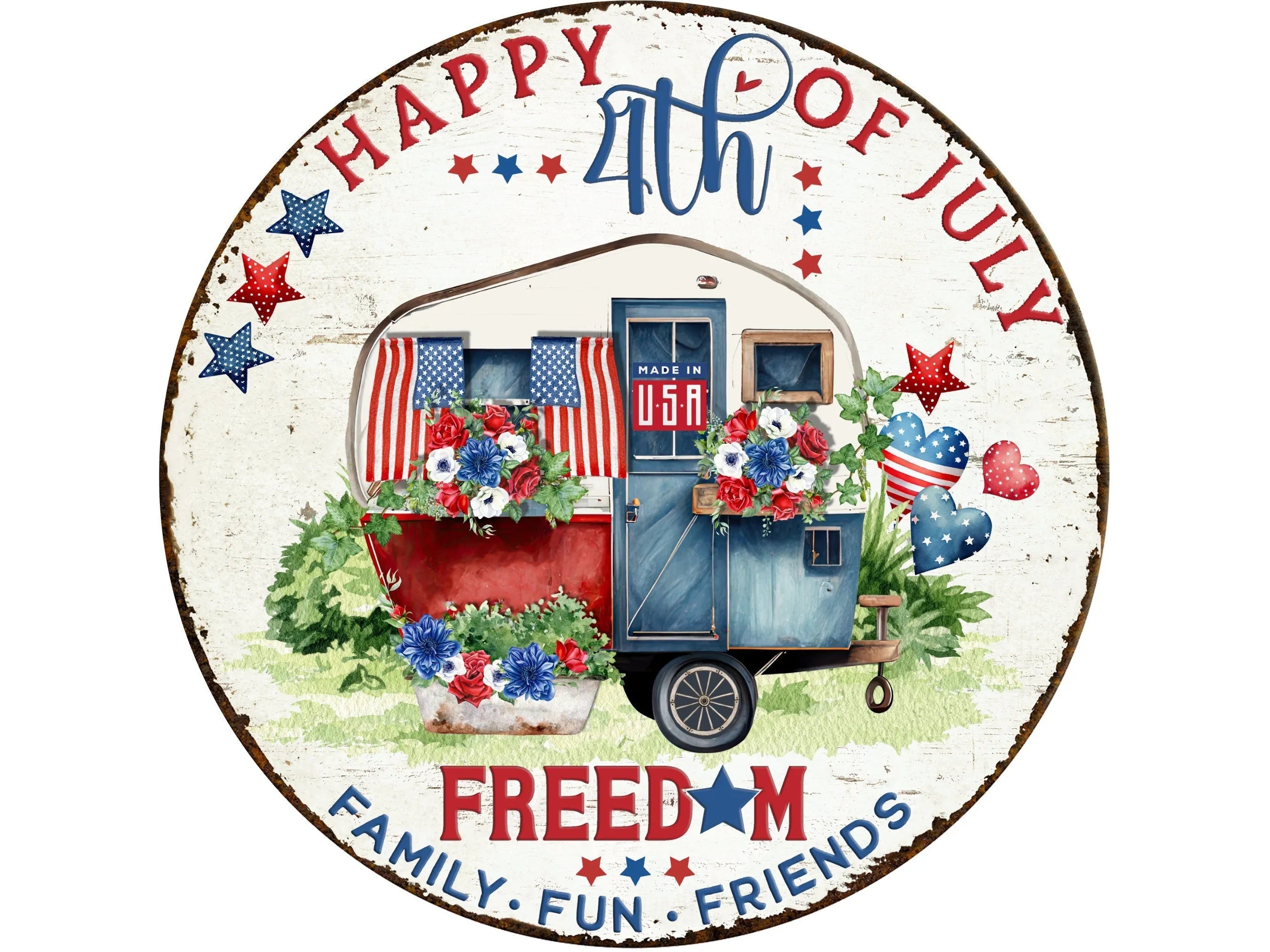 rustic patriotic travel camper wreath sign, farmhouse 4th of July sign, USA on the road sign, red, white and blue freedom sign