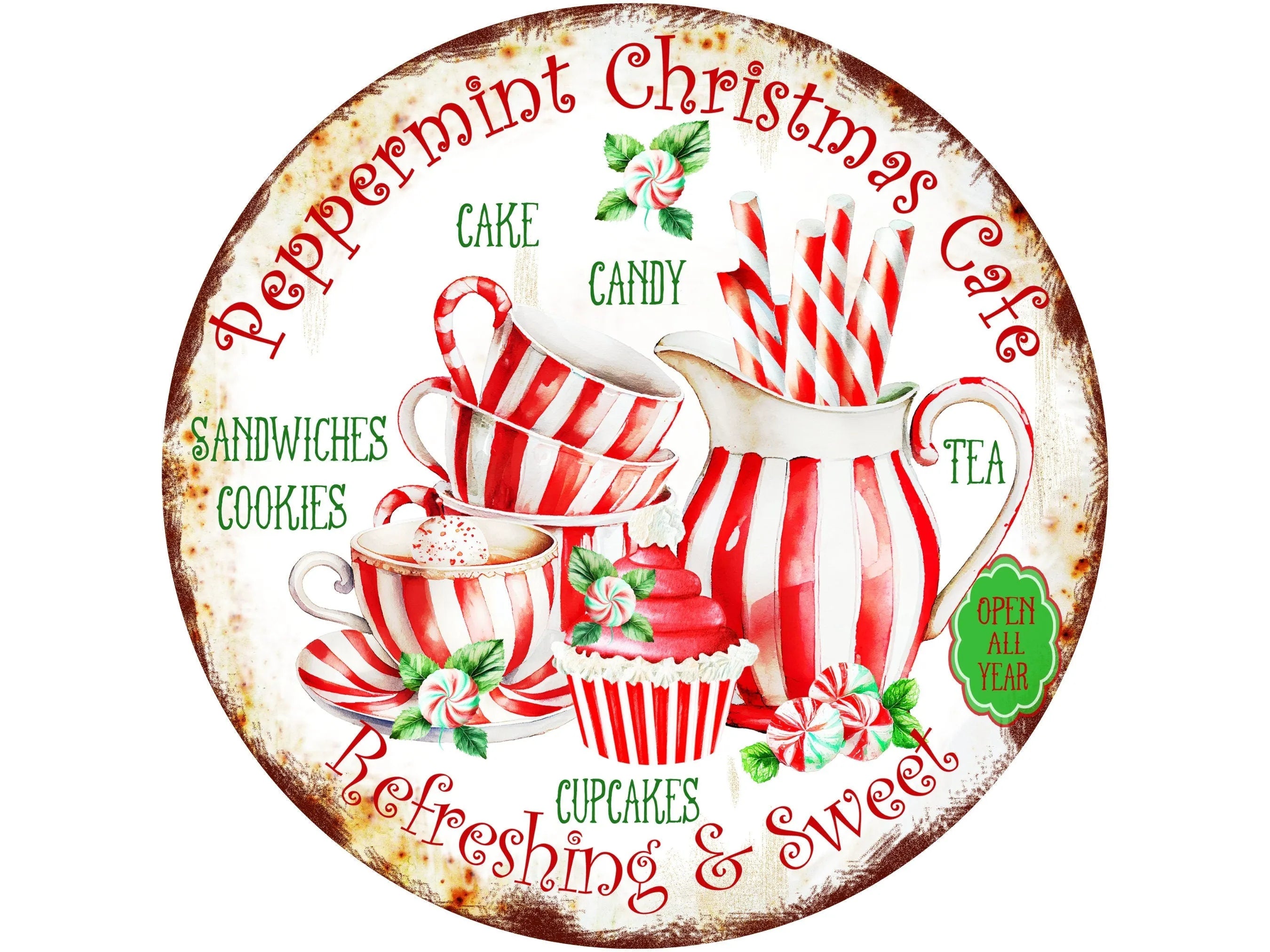 rustic peppermint cafe Christmas wreath sign, sweet candy holiday decor, sign for December, sign for Christmas