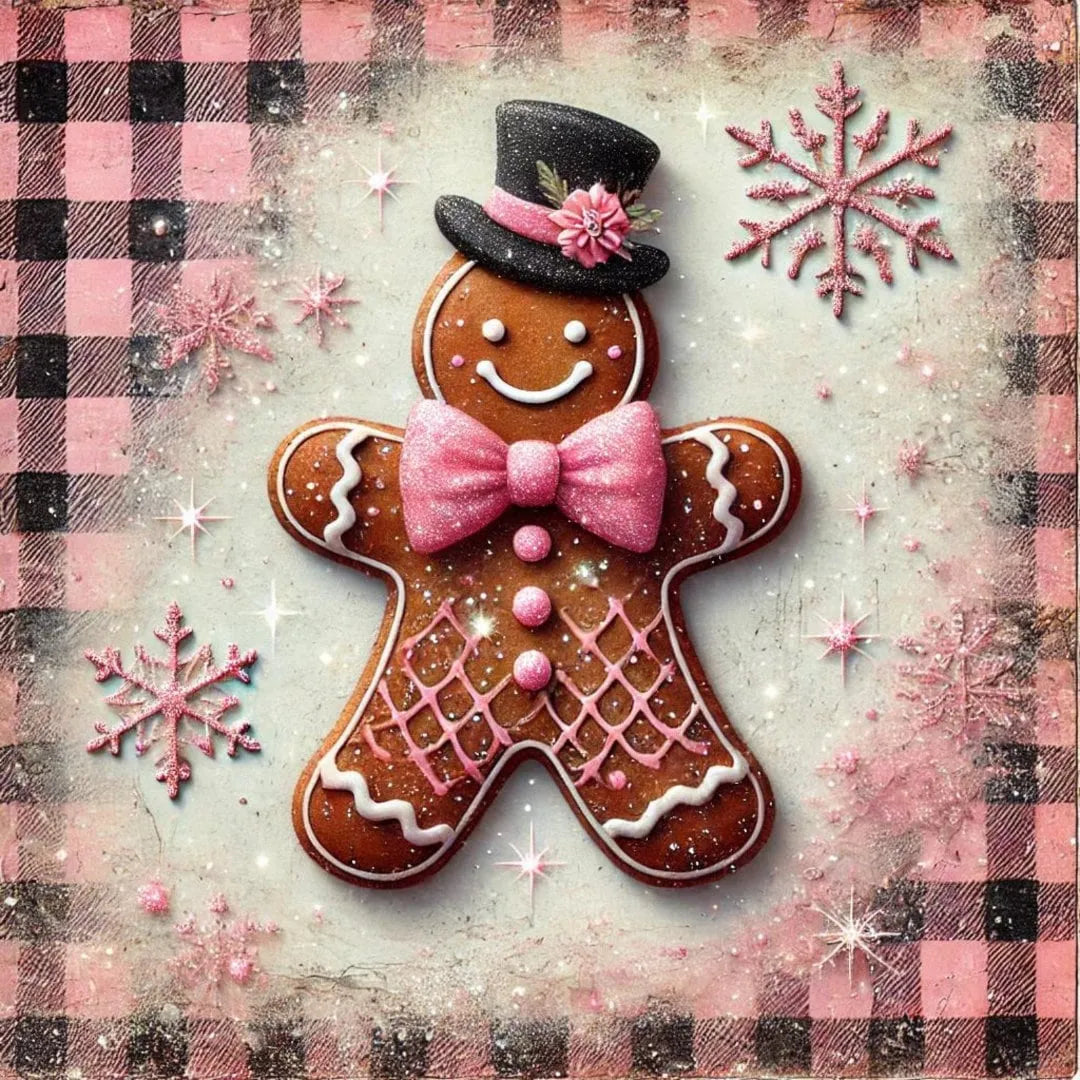 Rustic Pink Buffalo Plaid Gingerbread Man Sign, Vintage Christmas Wall Art, Sparkling Gingerbread Kitchen Decor, Holiday Gingerbread Art