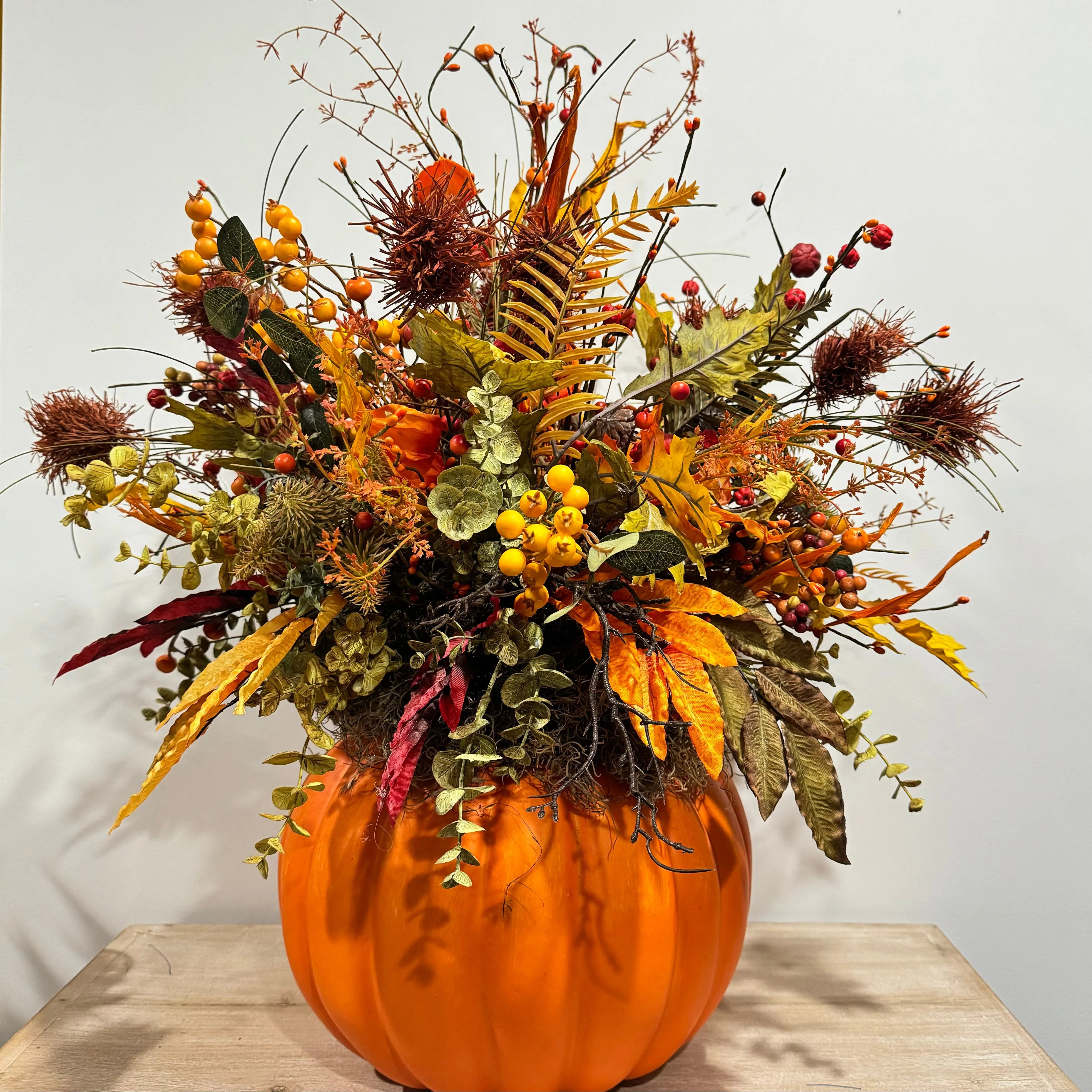 Rustic Pumpkin Harvest Arrangement - Fall Floral Centerpiece with Autumn Leaves and Berries