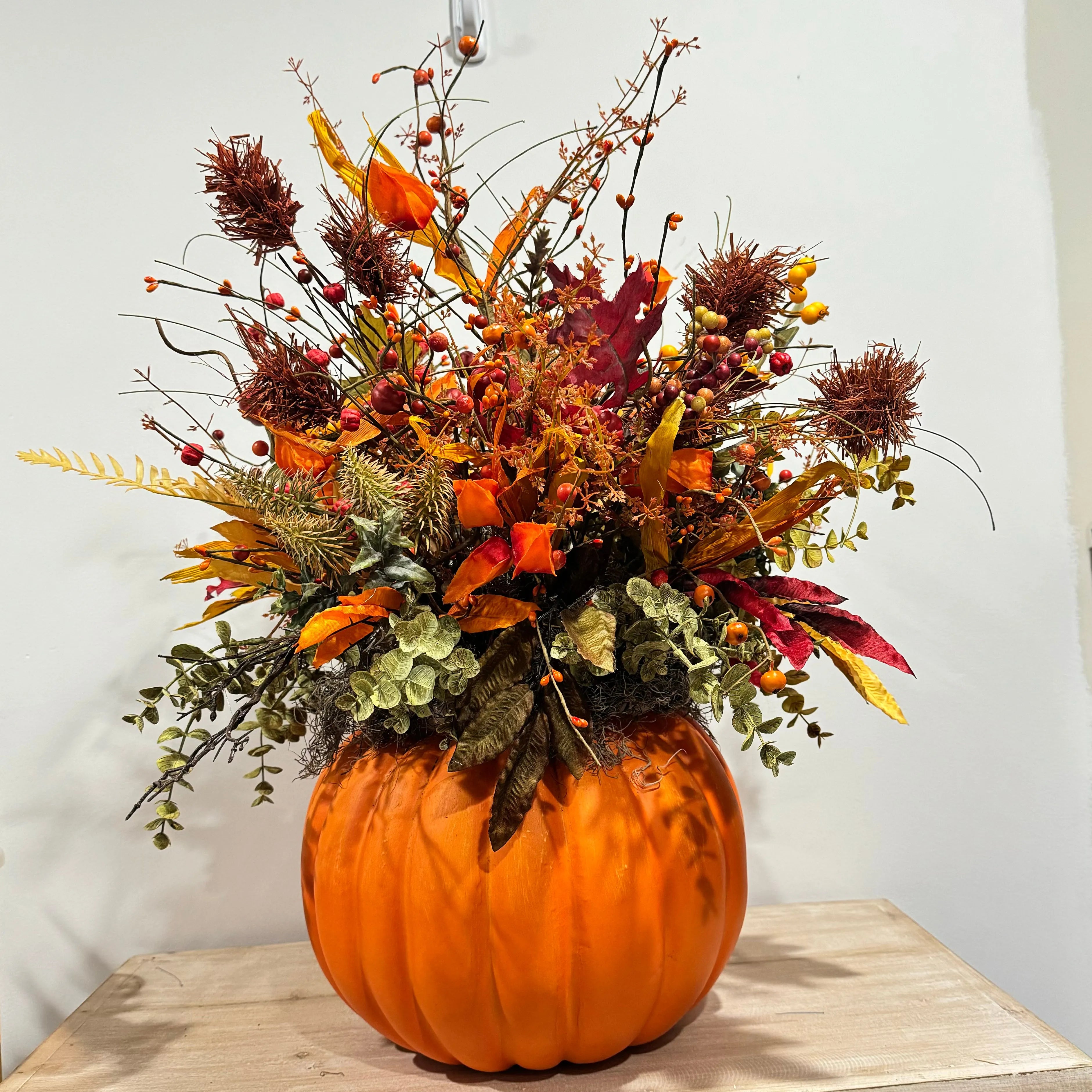 Rustic Pumpkin Harvest Arrangement - Fall Floral Centerpiece with Autumn Leaves and Berries