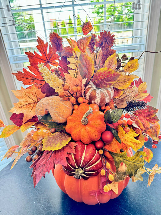 Autumn Pumpkin Harvest Centerpiece - Fall Floral Arrangement with Pumpkins and Foliage