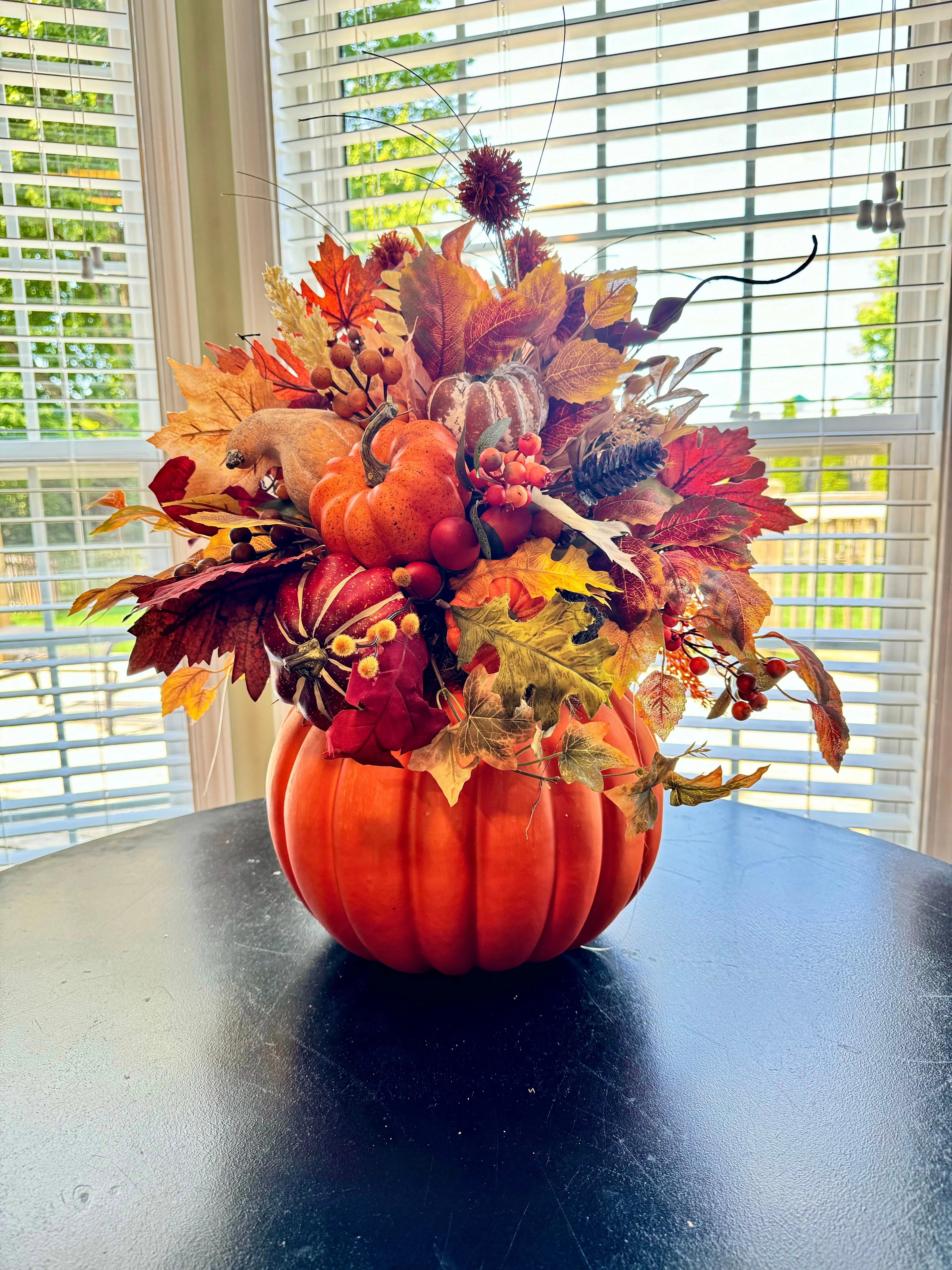 Autumn Pumpkin Harvest Centerpiece - Fall Floral Arrangement with Pumpkins and Foliage