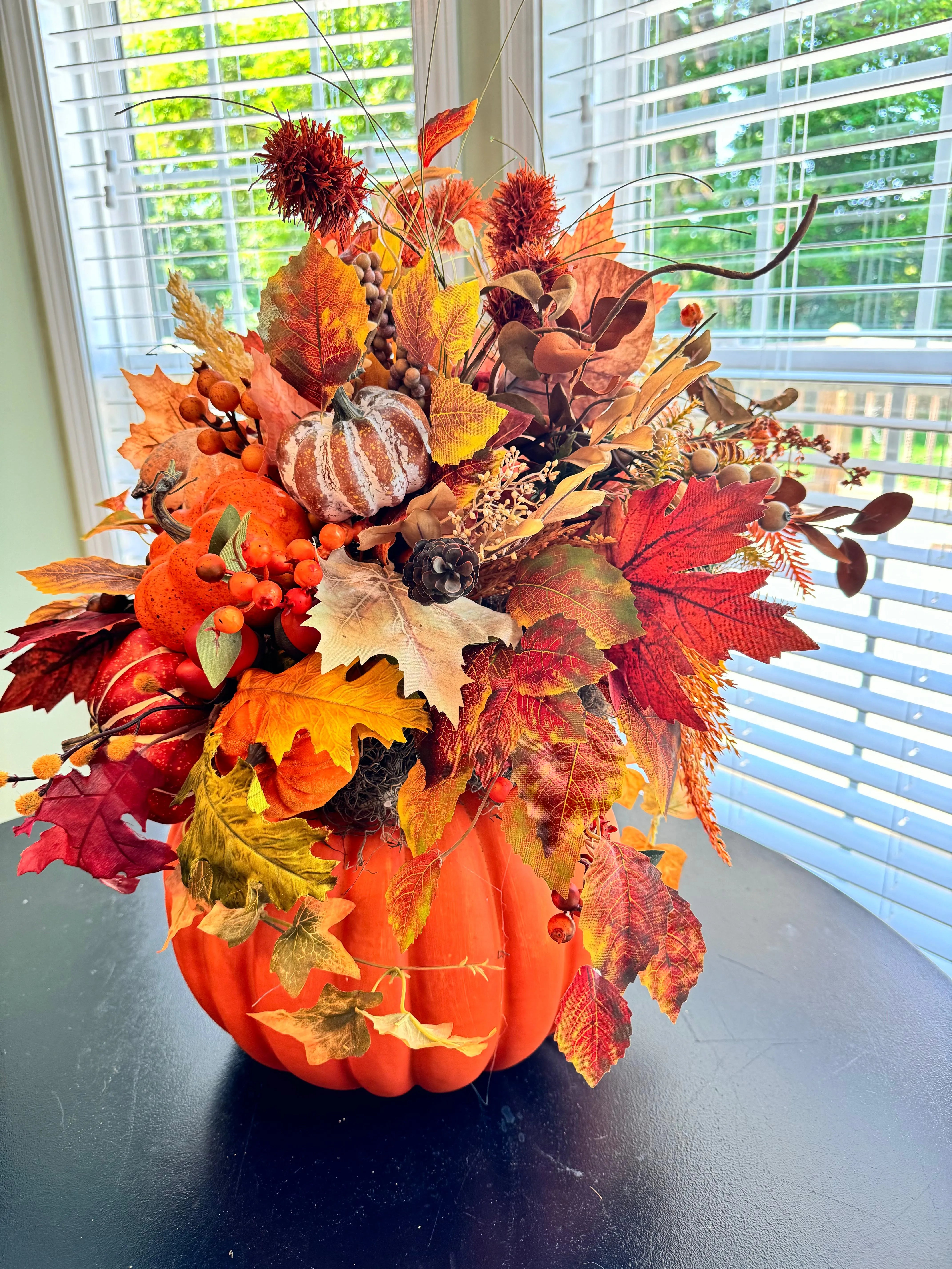 Autumn Pumpkin Harvest Centerpiece - Fall Floral Arrangement with Pumpkins and Foliage