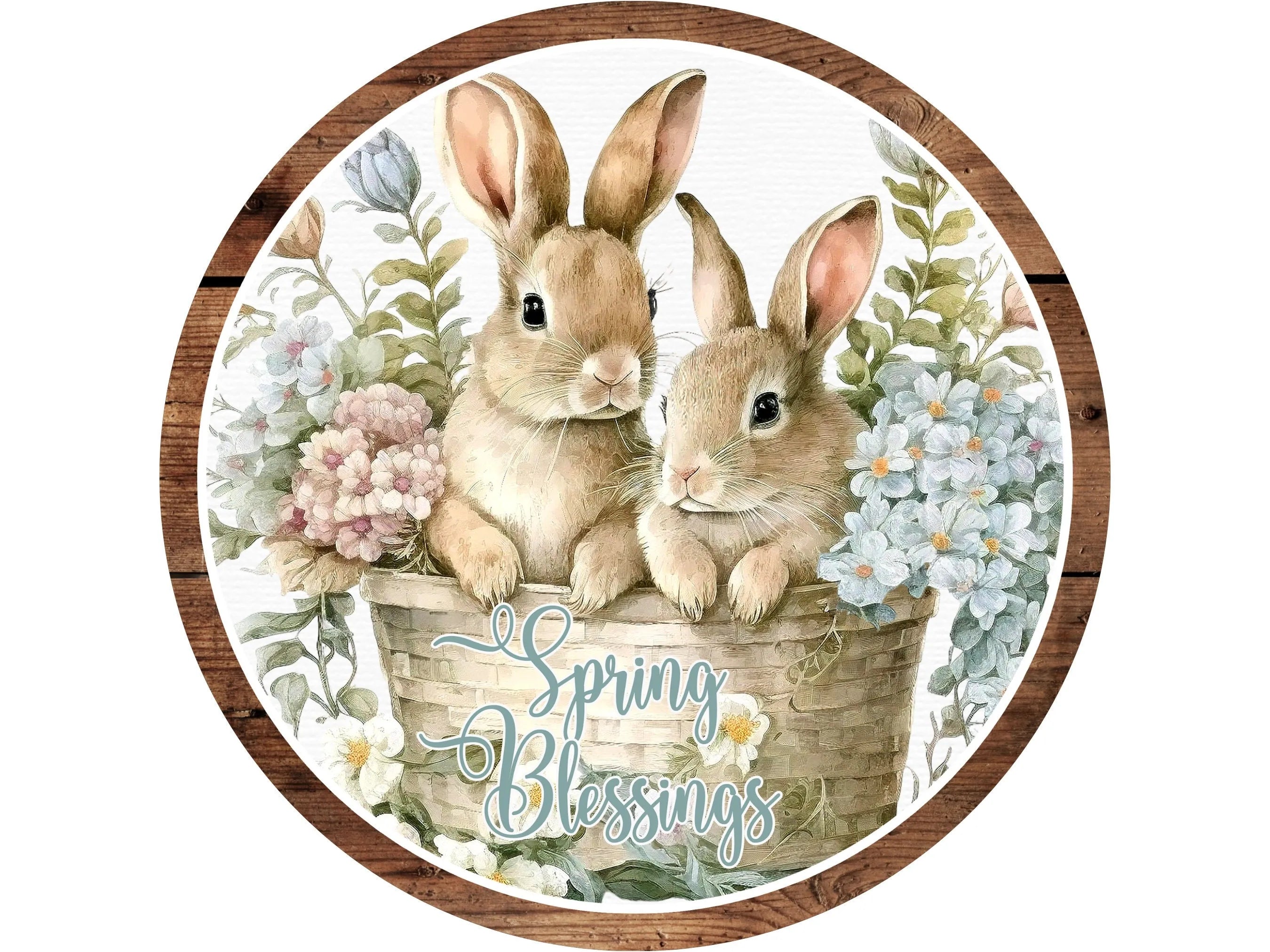 rustic spring pastel bunnies with flowers in a basket wreath sign, blue and pink floral Easter bunny wall decoration