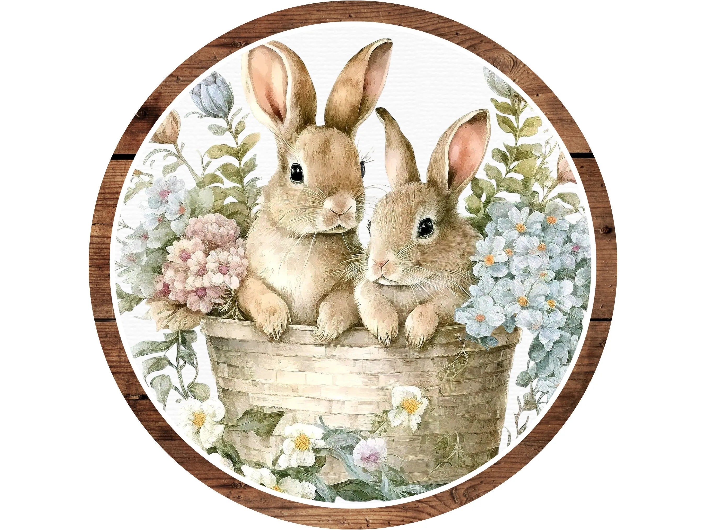 rustic spring pastel bunnies with flowers in a basket wreath sign, blue and pink floral Easter bunny wall decoration