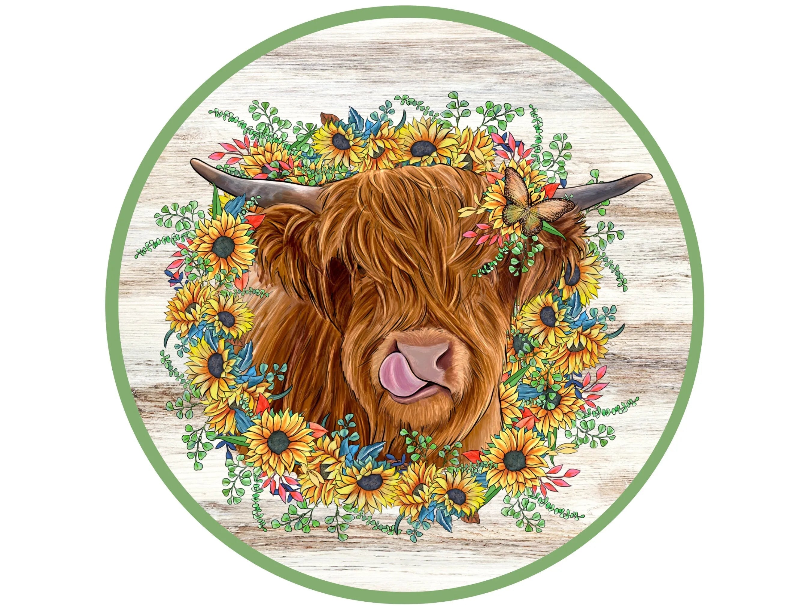 rustic sunflower barn wood highland cow wreath sign, highland cow sign, farm life sign, farmhouse cow sign, sunflower floral cow sign