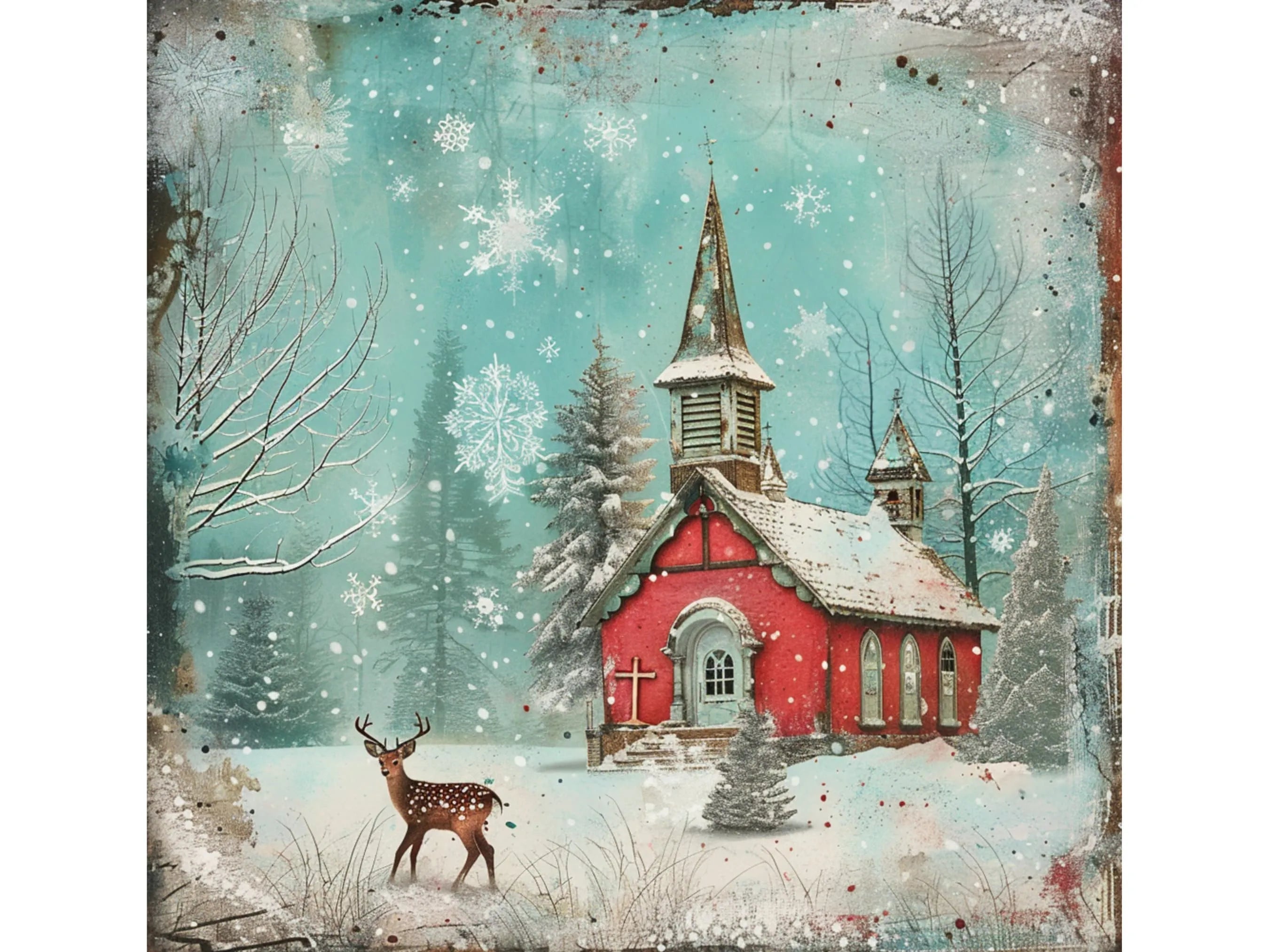 Rustic Winter Church Scene Sign, Christmas Metal Wall Art, Snowy Deer Decor, Red Steeple Church Holiday Decor, Winter Wonderland Sign