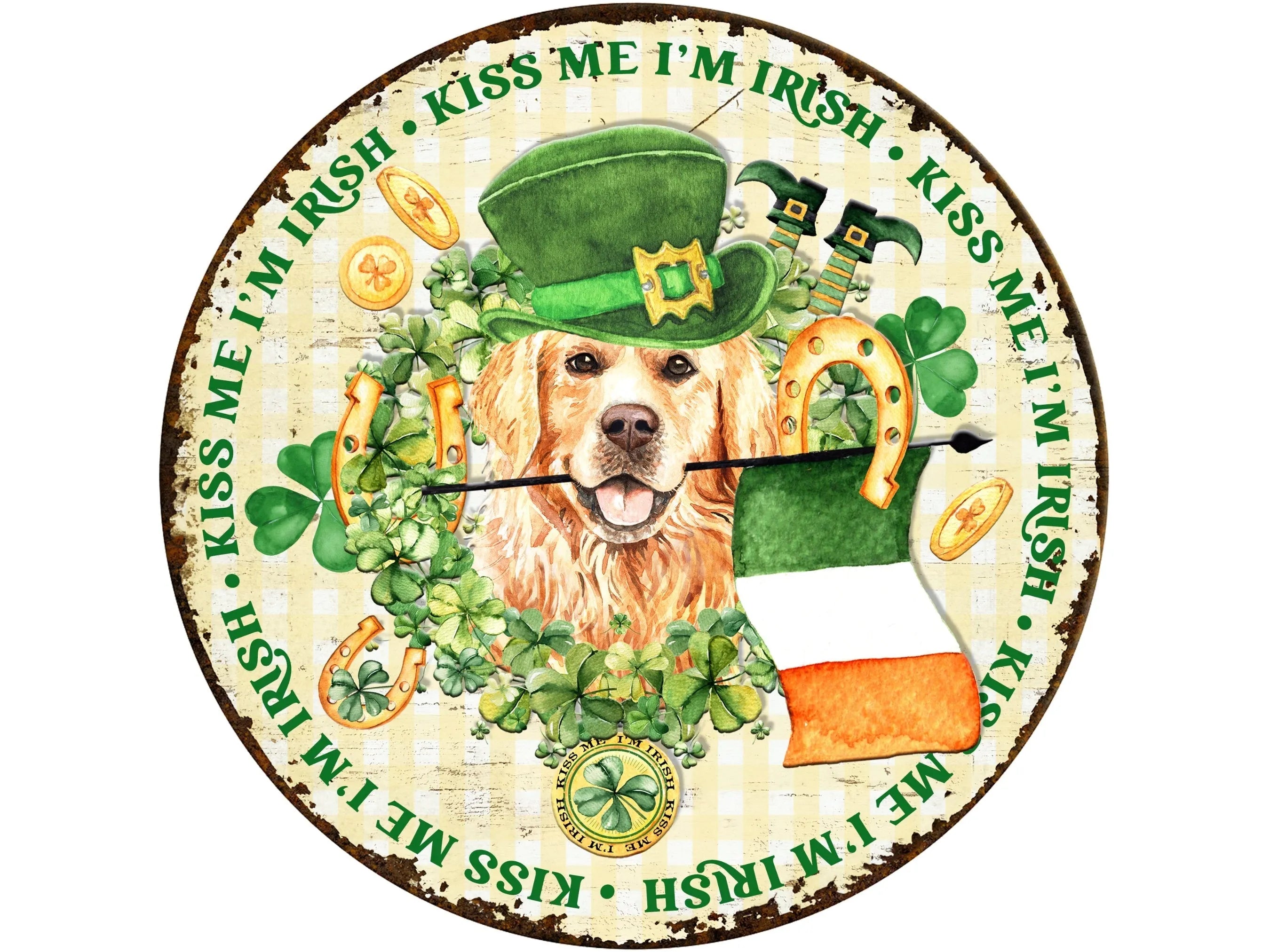 rusty rustic golden retriever dog St. Patrick's Day sign, golden retriever Ireland wall art, dog four leaf clover wreath attachment