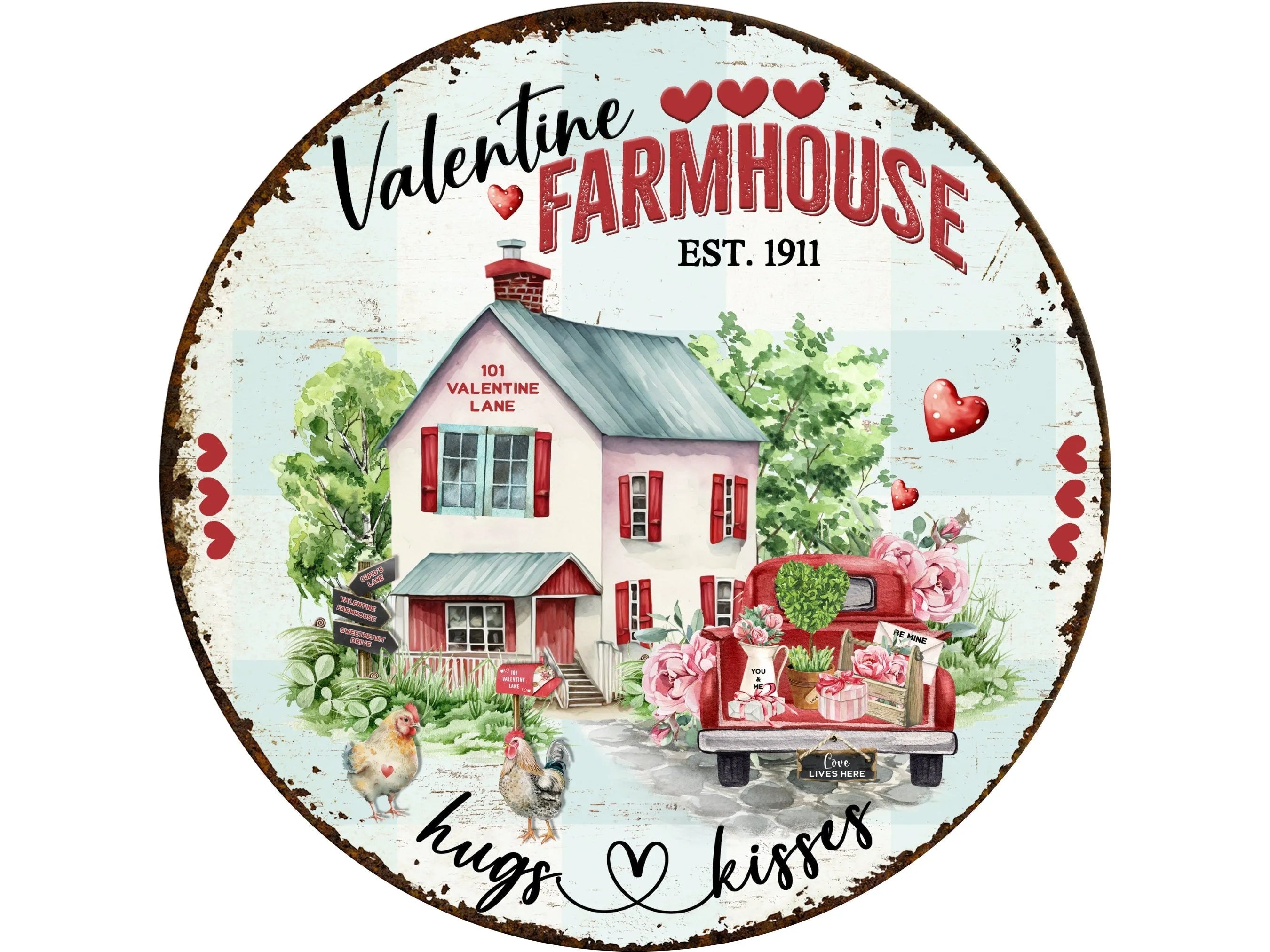 rusty Valentine farmhouse with red truck and farm animals wreath sign, rustic farm life hearts and cottage wall art