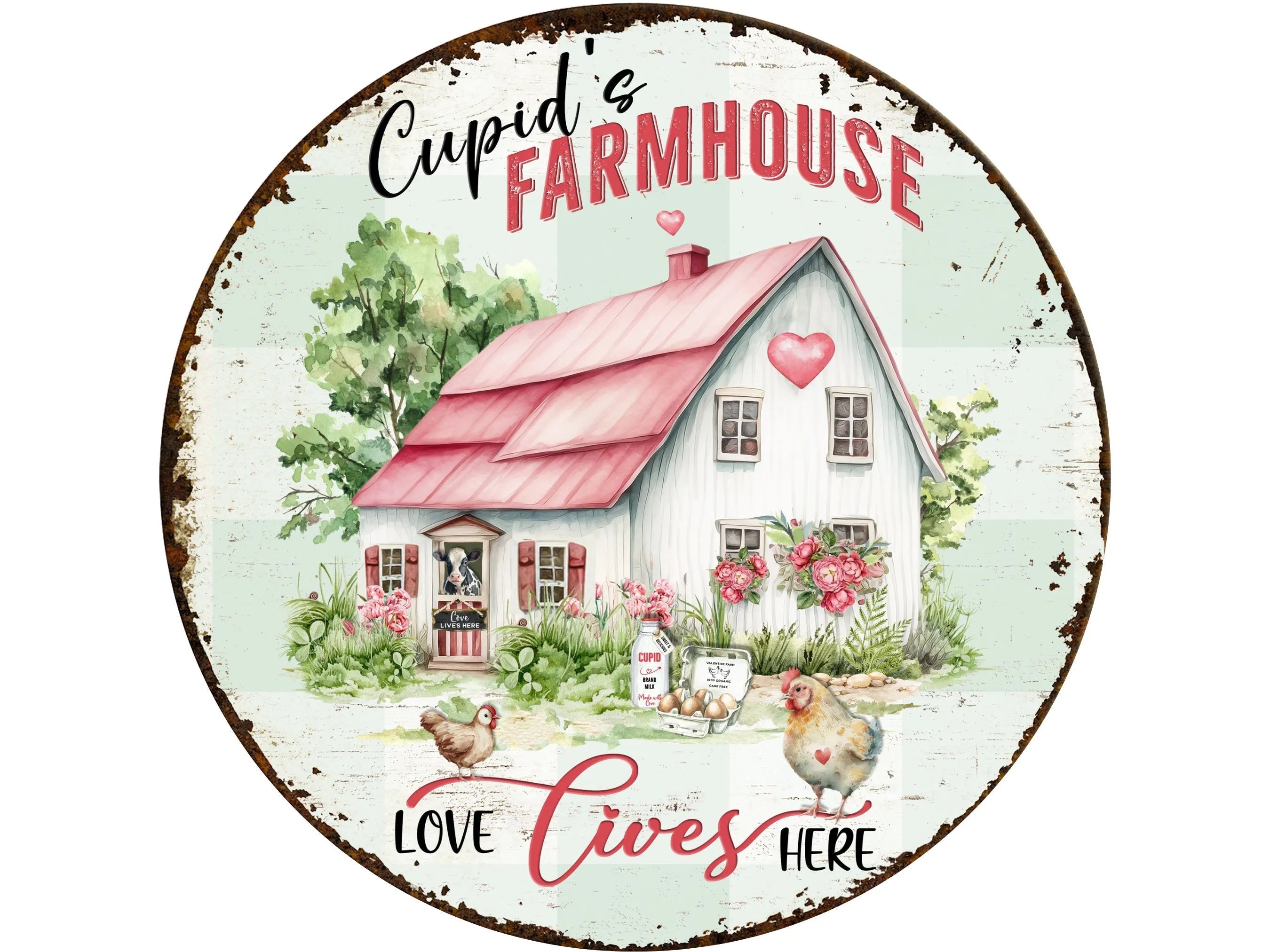 rusty Valentine farmhouse with red truck and farm animals wreath sign, rustic farm life hearts and cottage wall art