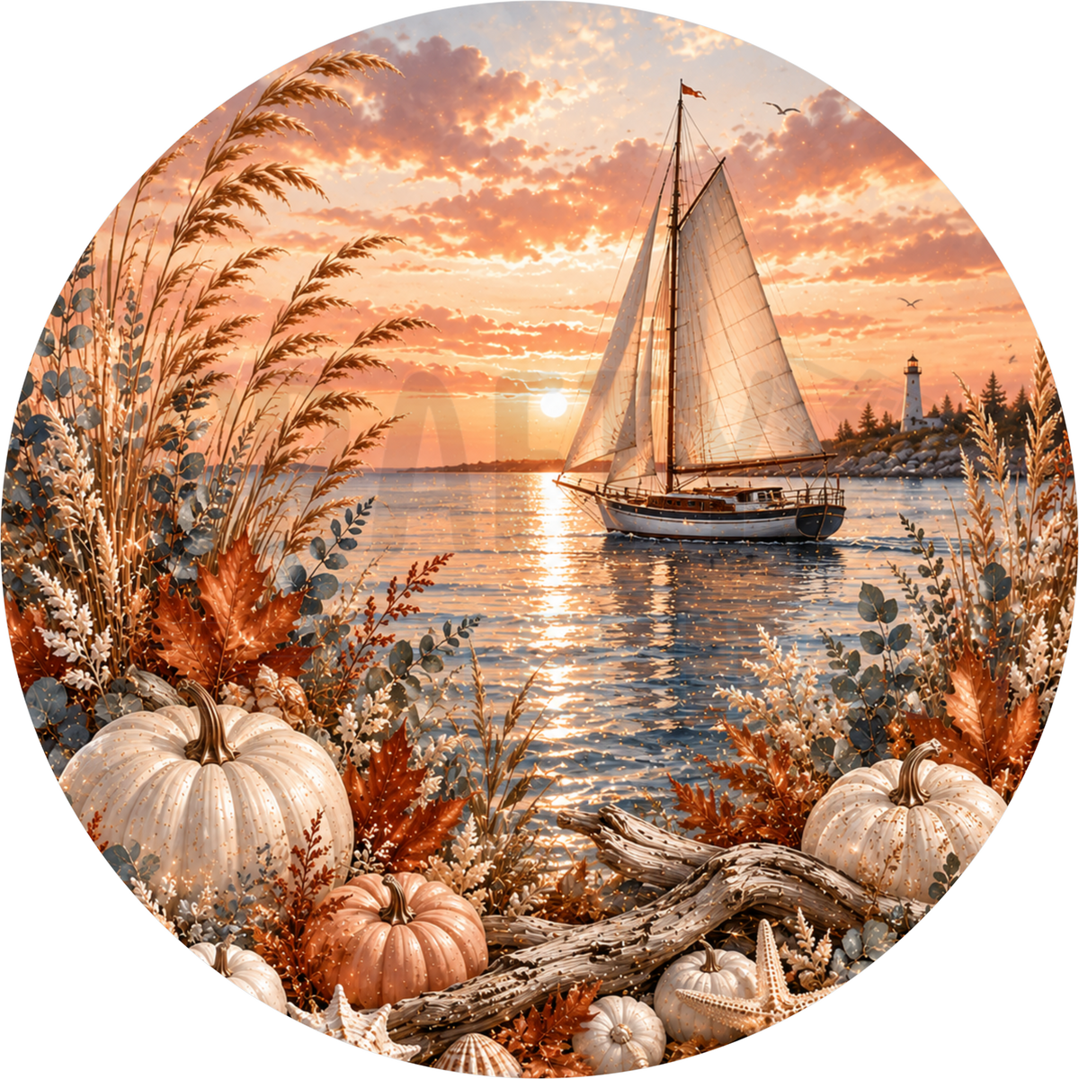 Sailboat at sunset round wreath sign with a lighthouse, cream and rust pumpkins, pampas grass, driftwood and starfish along the shore