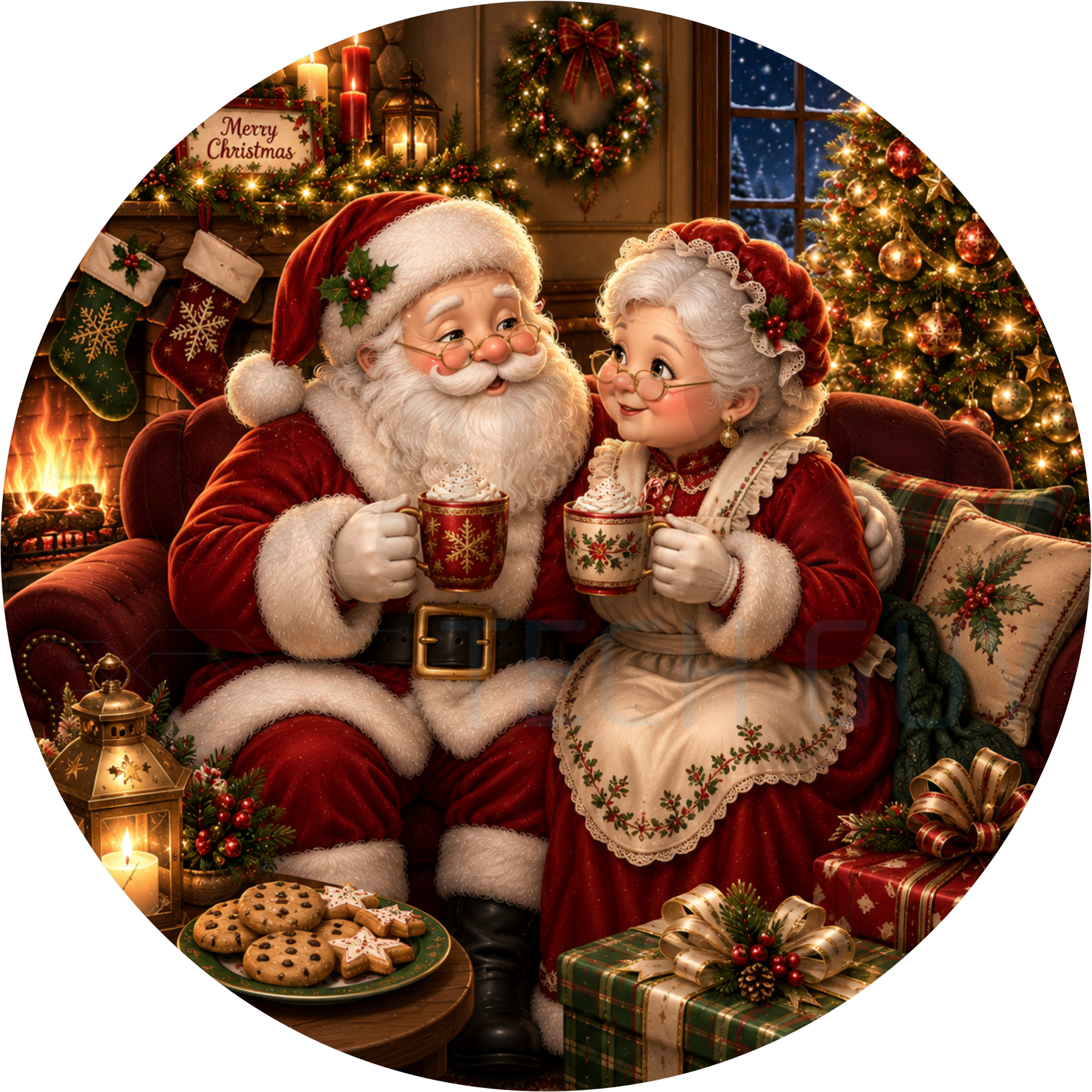 Christmas round wreath sign in coated aluminum, showing Santa and Mrs. Claus holding cocoa mugs by a lit fireplace with stockings and a decorated tree