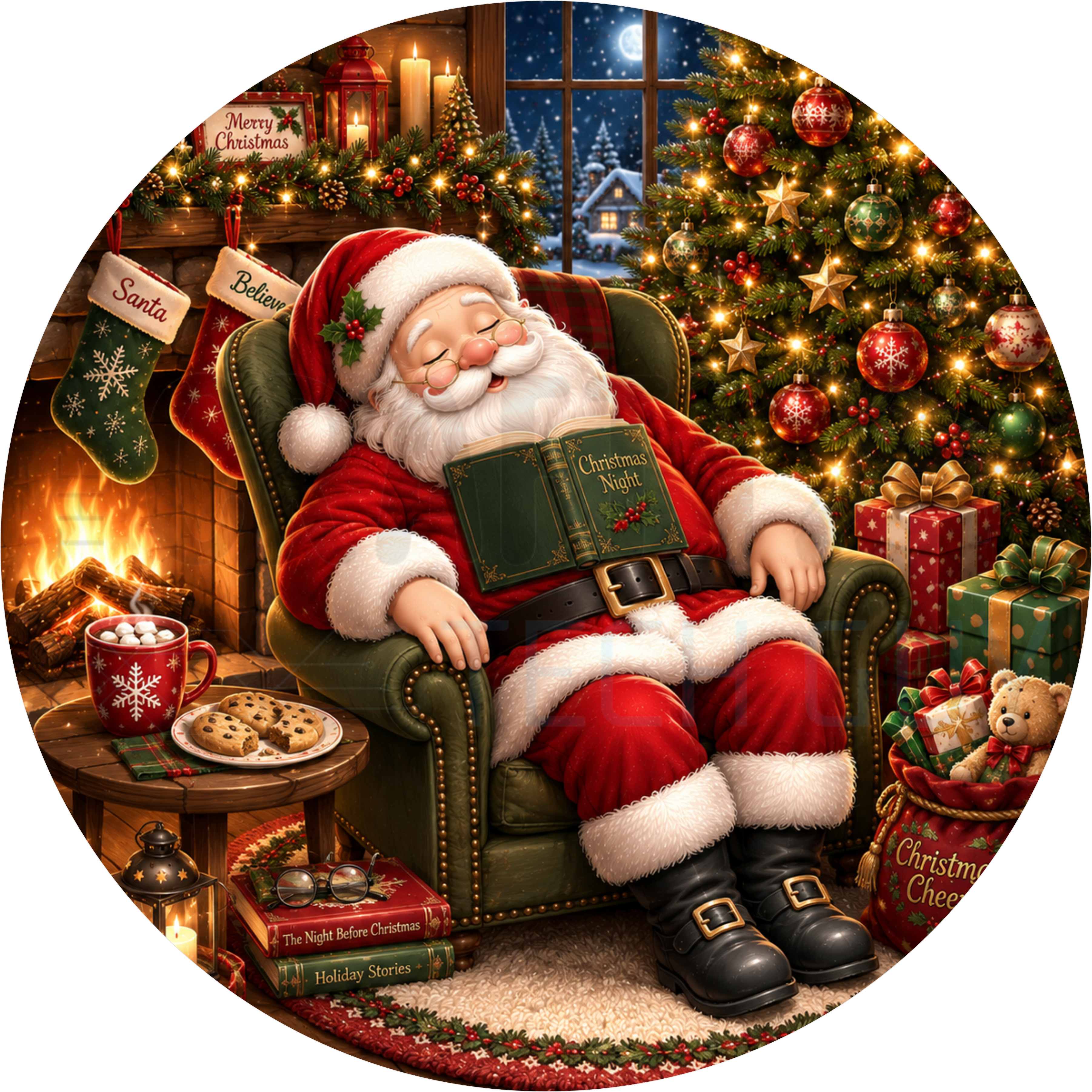 Christmas round wreath sign in coated aluminum, showing Santa asleep in a green armchair by a lit fireplace with stockings, cocoa, cookies and a decorated tree