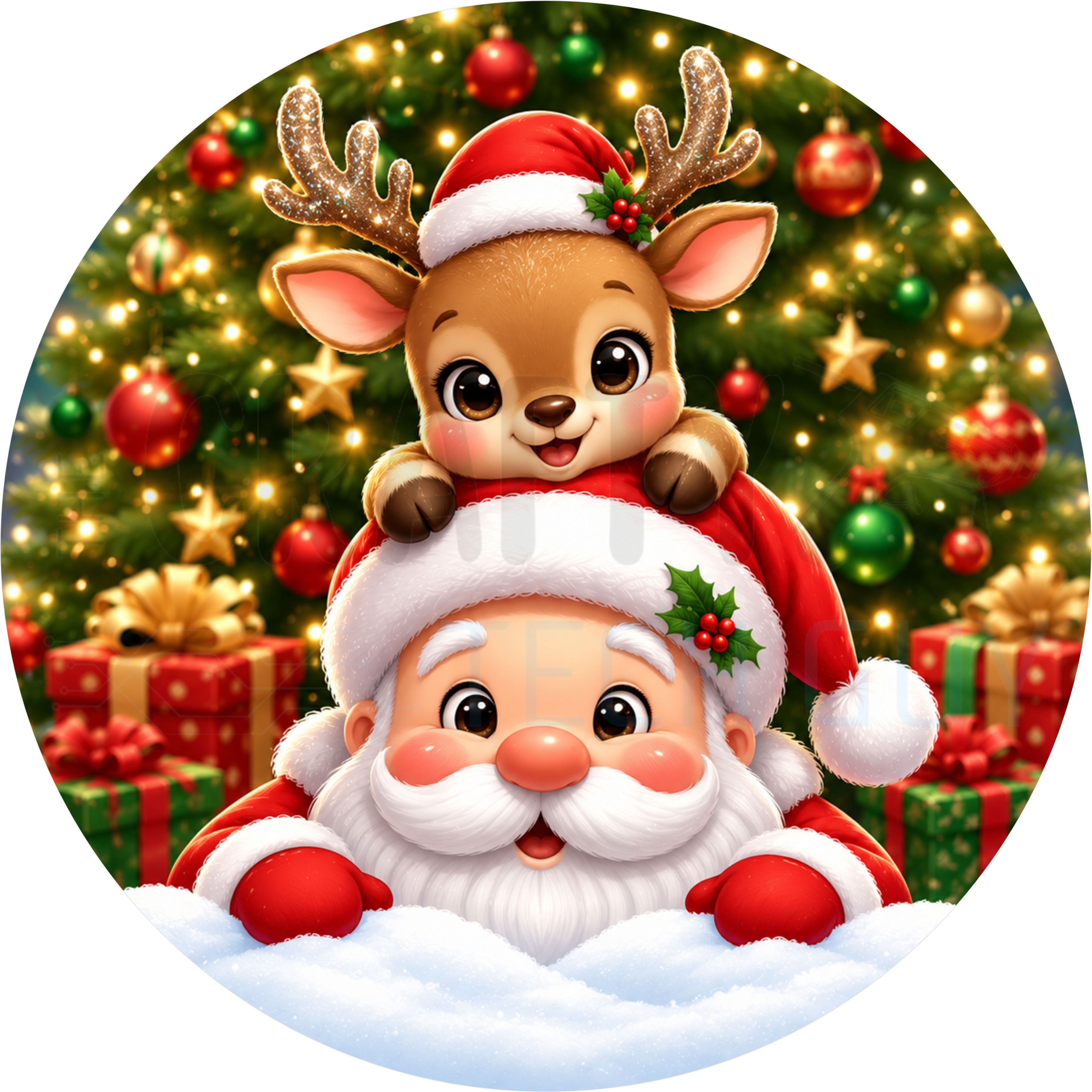 Christmas round wreath sign in coated aluminum, showing Santa Claus in the snow with a baby reindeer on his hat in front of a lit tree and gifts