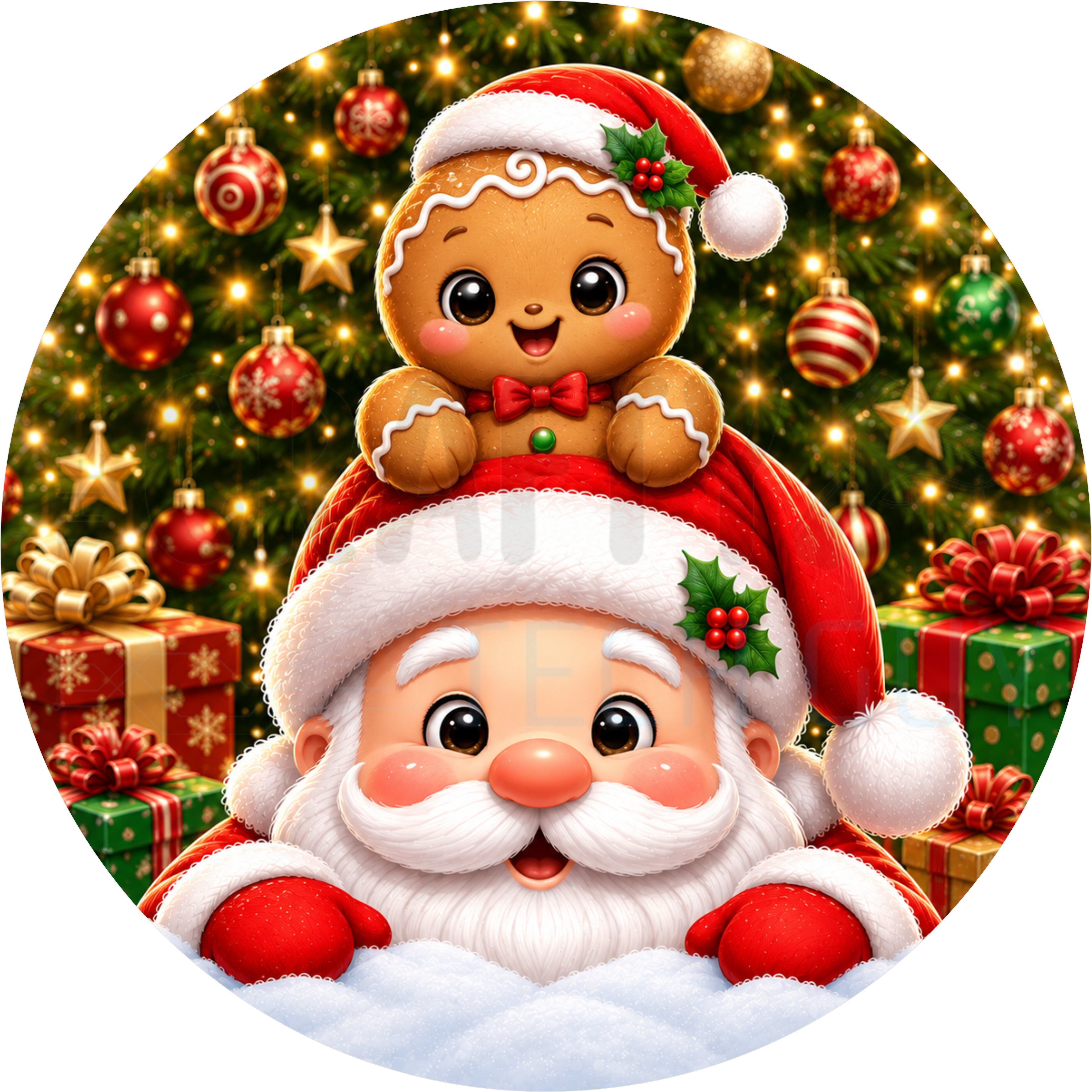 Christmas round wreath sign in coated aluminum, showing Santa Claus with a gingerbread man on his hat in front of a lit tree and gifts
