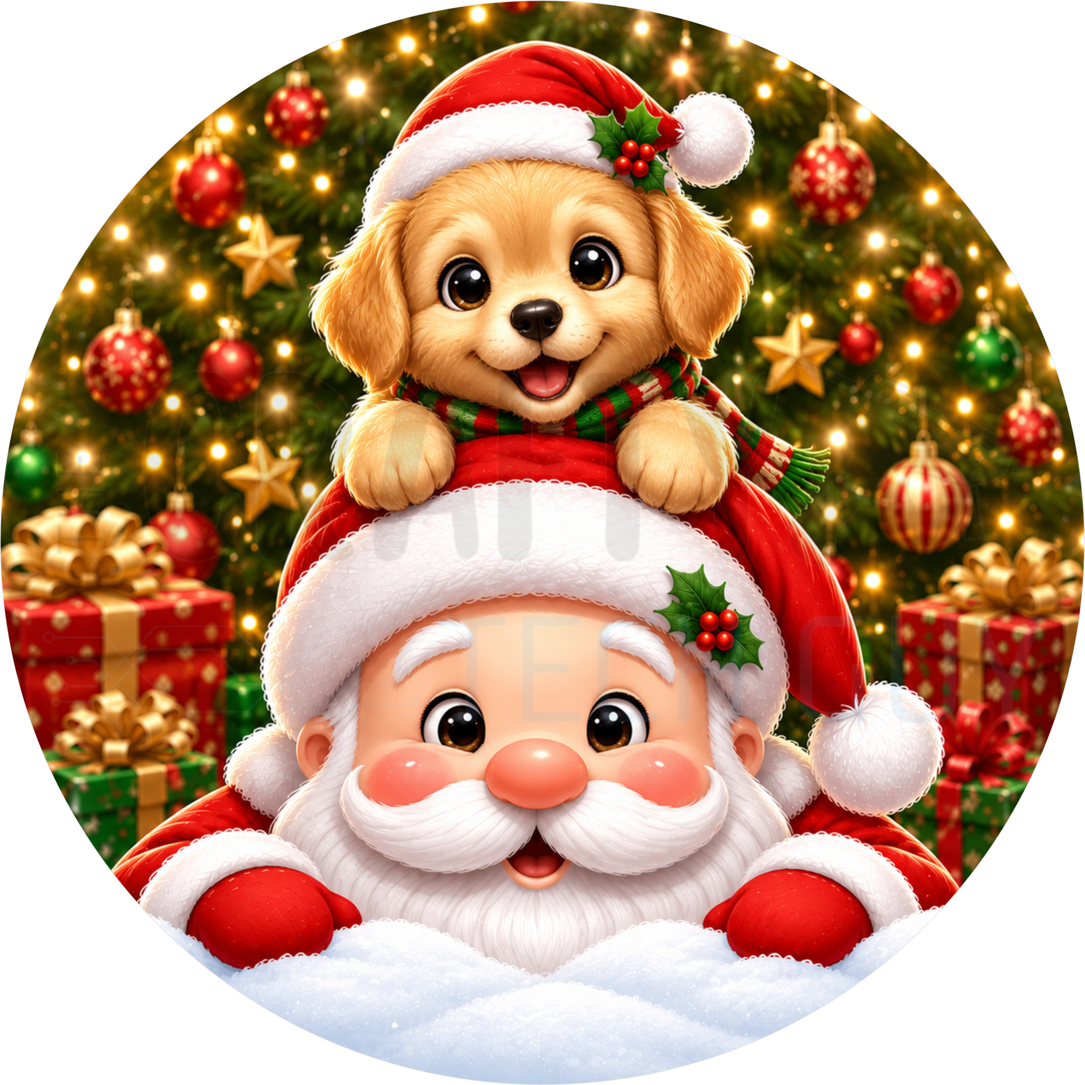 Christmas round wreath sign in coated aluminum, showing Santa Claus with a golden retriever puppy on his hat in front of a lit tree and gifts