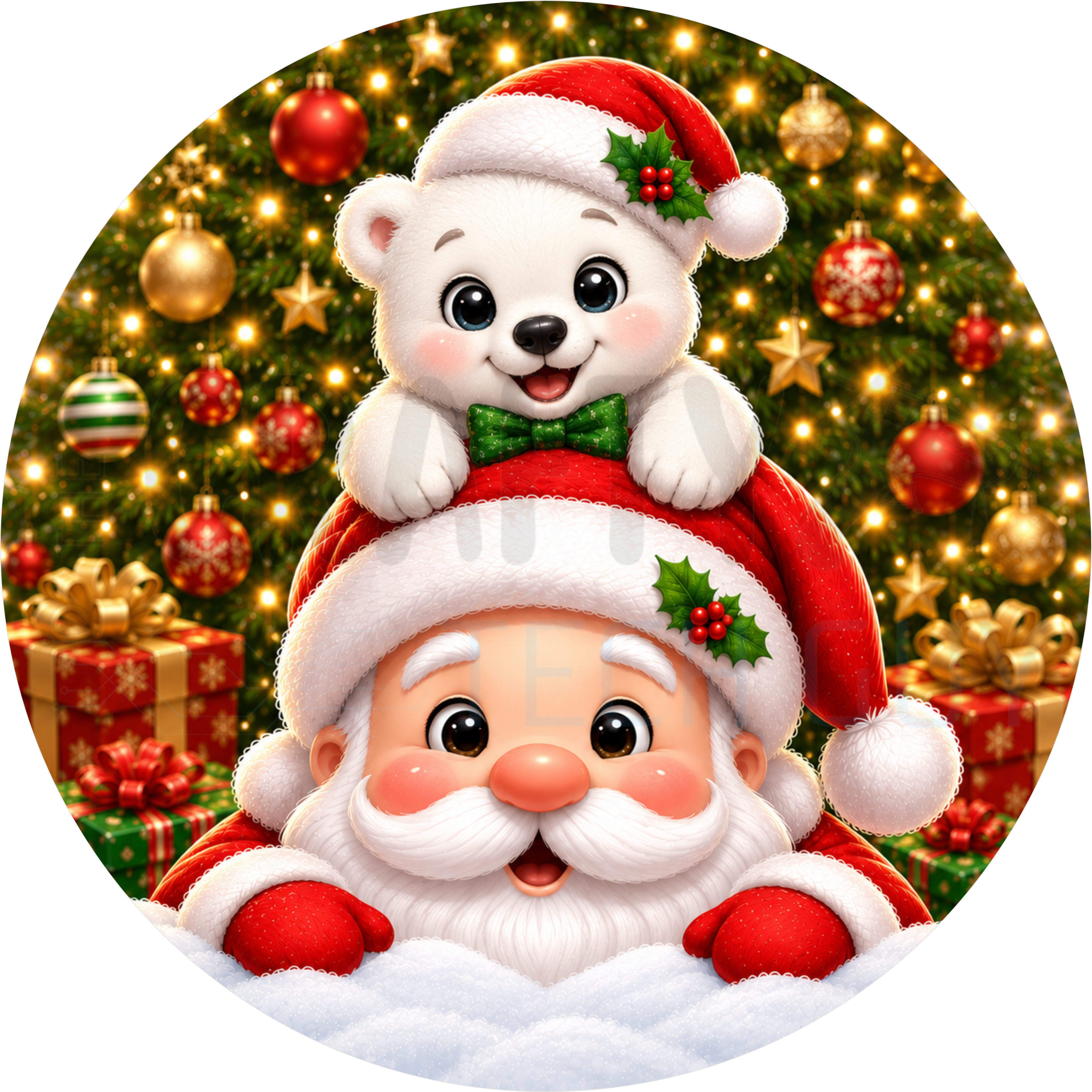 Christmas round wreath sign in coated aluminum, showing Santa Claus with a white polar bear cub on his hat in front of a lit tree and gifts