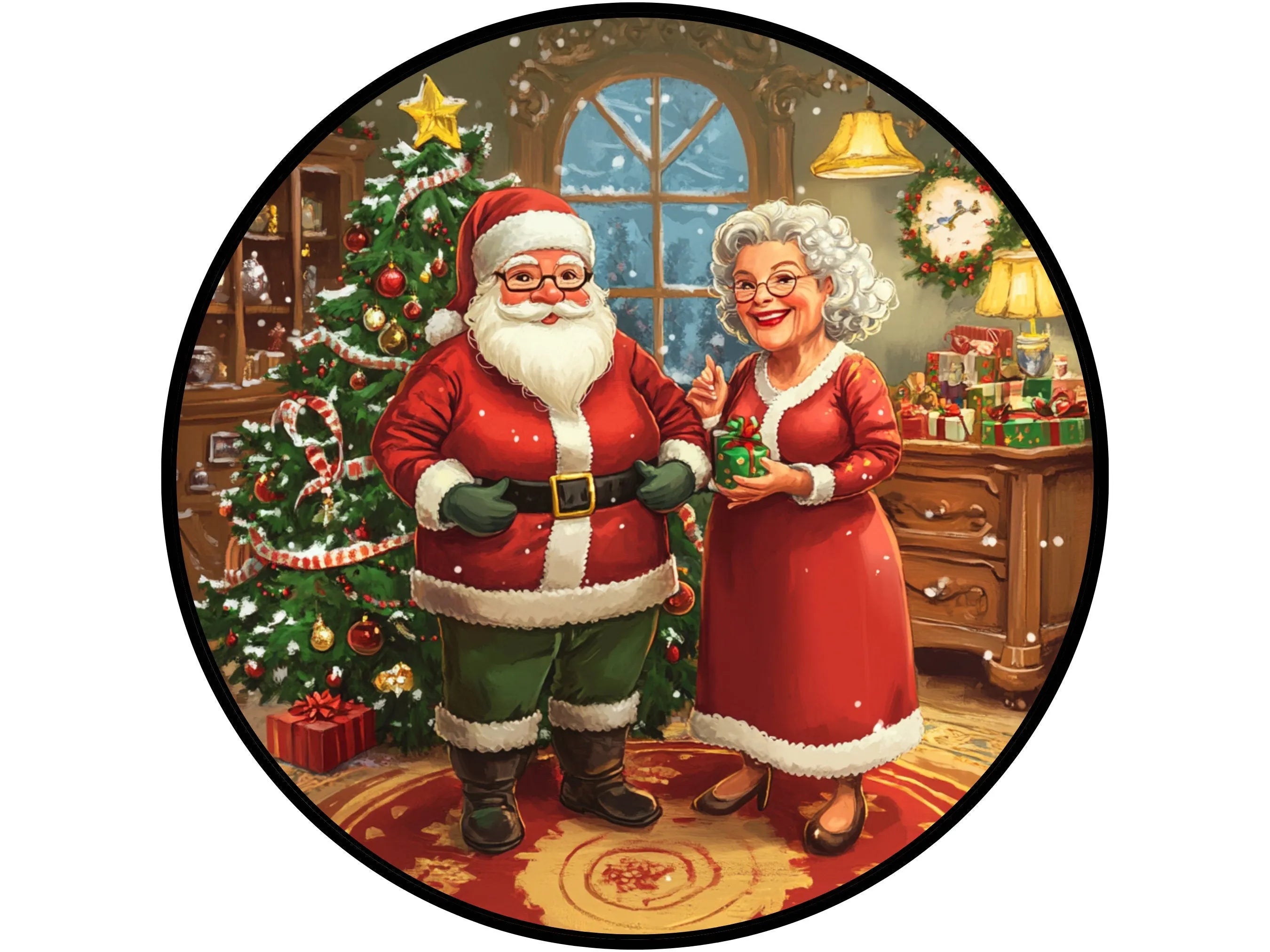 Santa and Mrs. Claus Standing in Front of Christmas Tree Sign, Festive Holiday Wall Decor