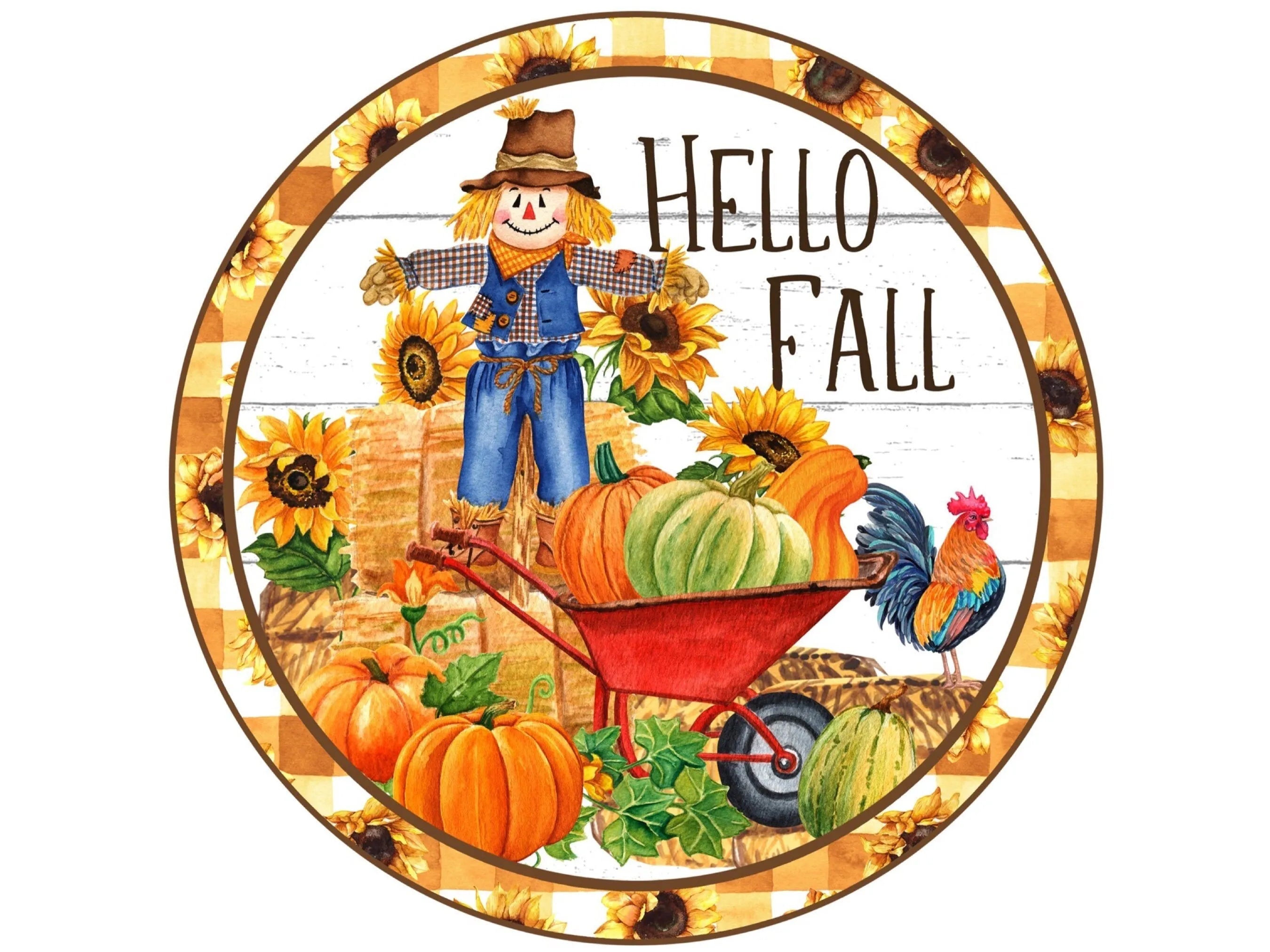 Scarecrow Hello Fall Wreath Sign, fall pumpkin wreath attachment, scarecrow wall art, pumpkin patch sign, fall party, scarecrow collector