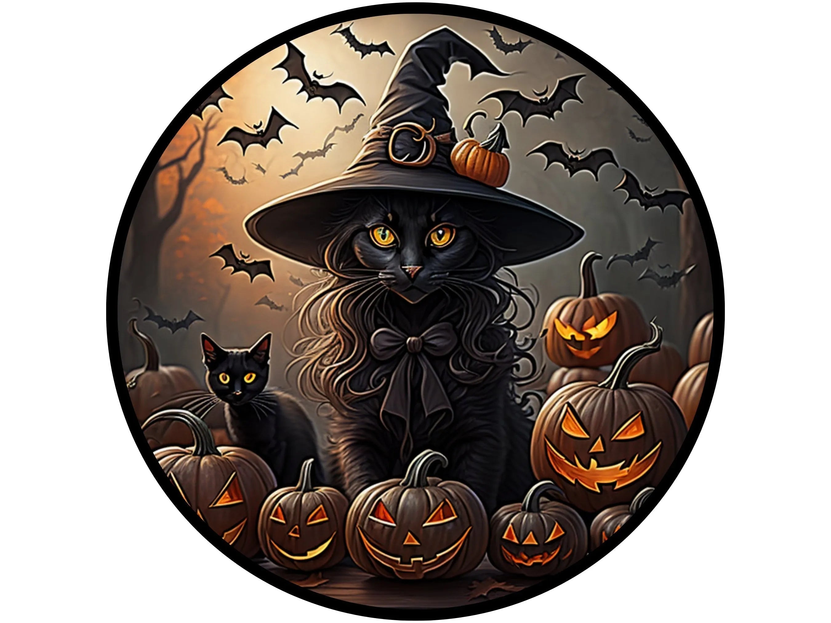 scary black cat witch vampire bats jack-o-lantern wreath sign, sign for Halloween, sign for October