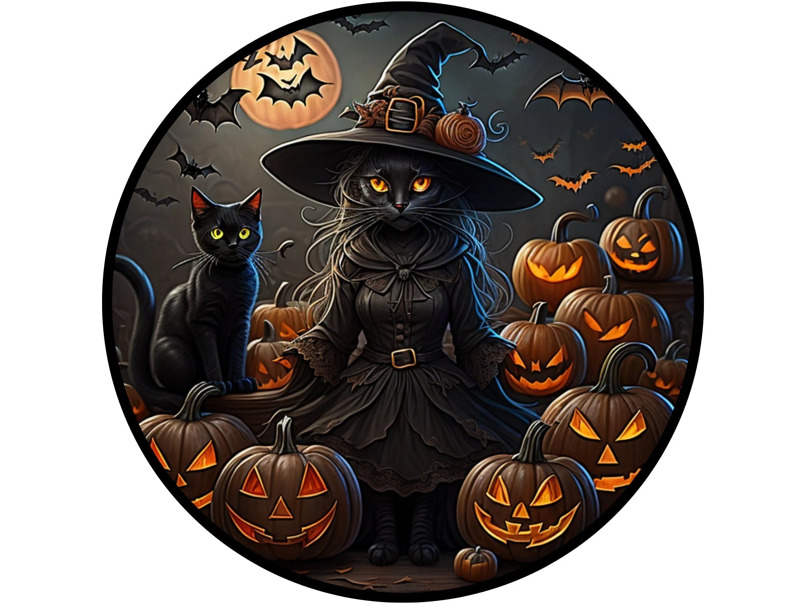 scary black cat witch vampire bats jack-o-lantern wreath sign, sign for Halloween, sign for October