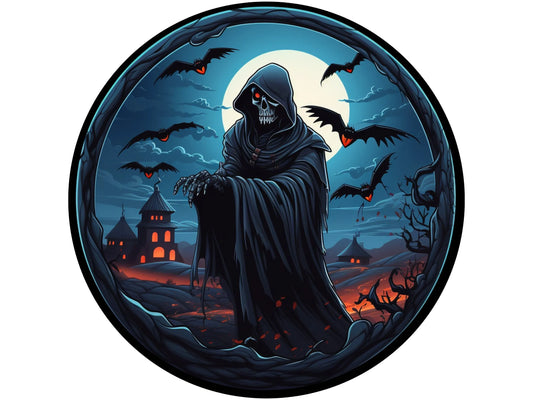 scary creepy Grim Reaper and bats Halloween wreath sign, sign for Halloween, sign for October