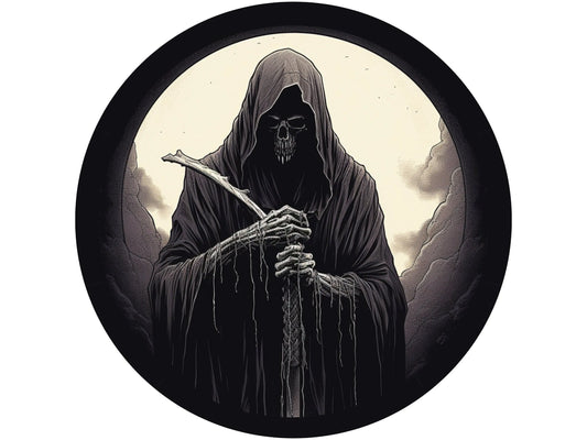 scary creepy Grim Reaper drawing with scythe Halloween wreath sign, sign for Halloween, sign for October