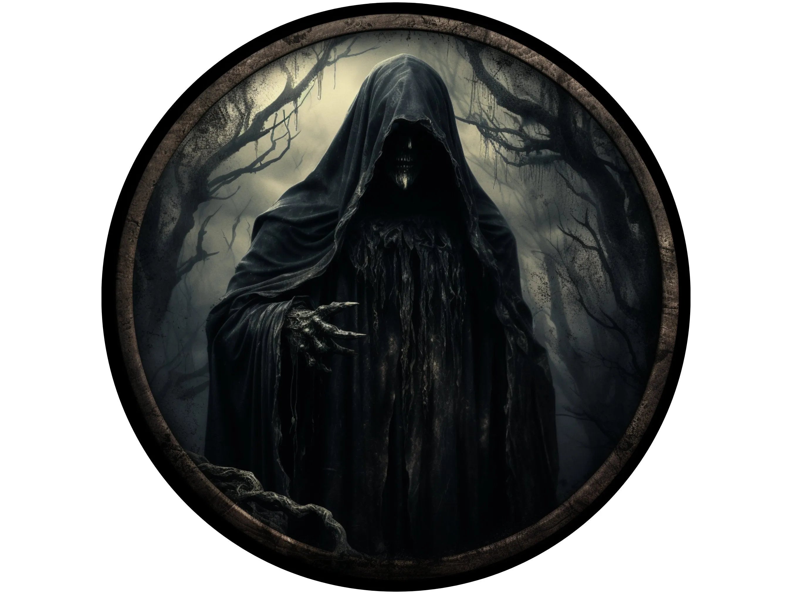 scary creepy Grim Reaper in a dark forest Halloween wreath sign, sign for Halloween, sign for October