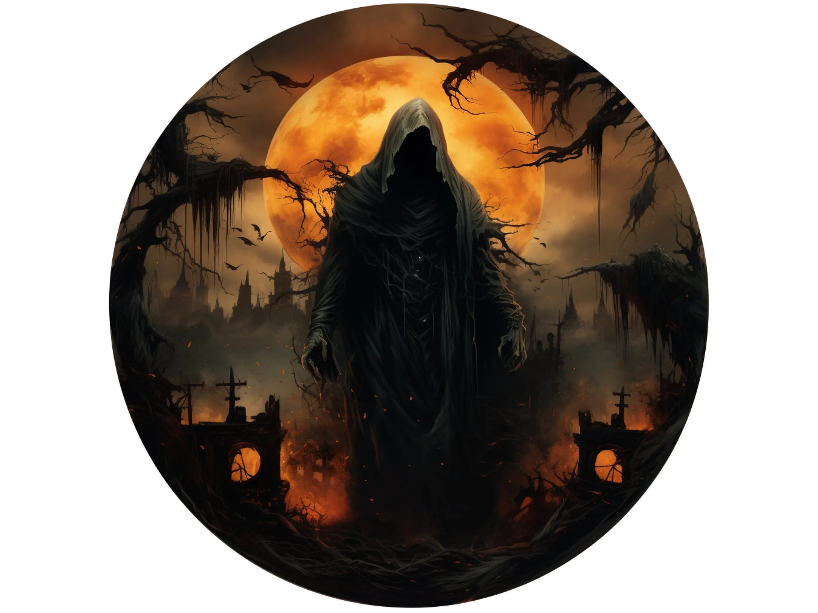 scary creepy Grim Reaper standing in front of a full moon Halloween wreath sign, sign for Halloween, sign for October