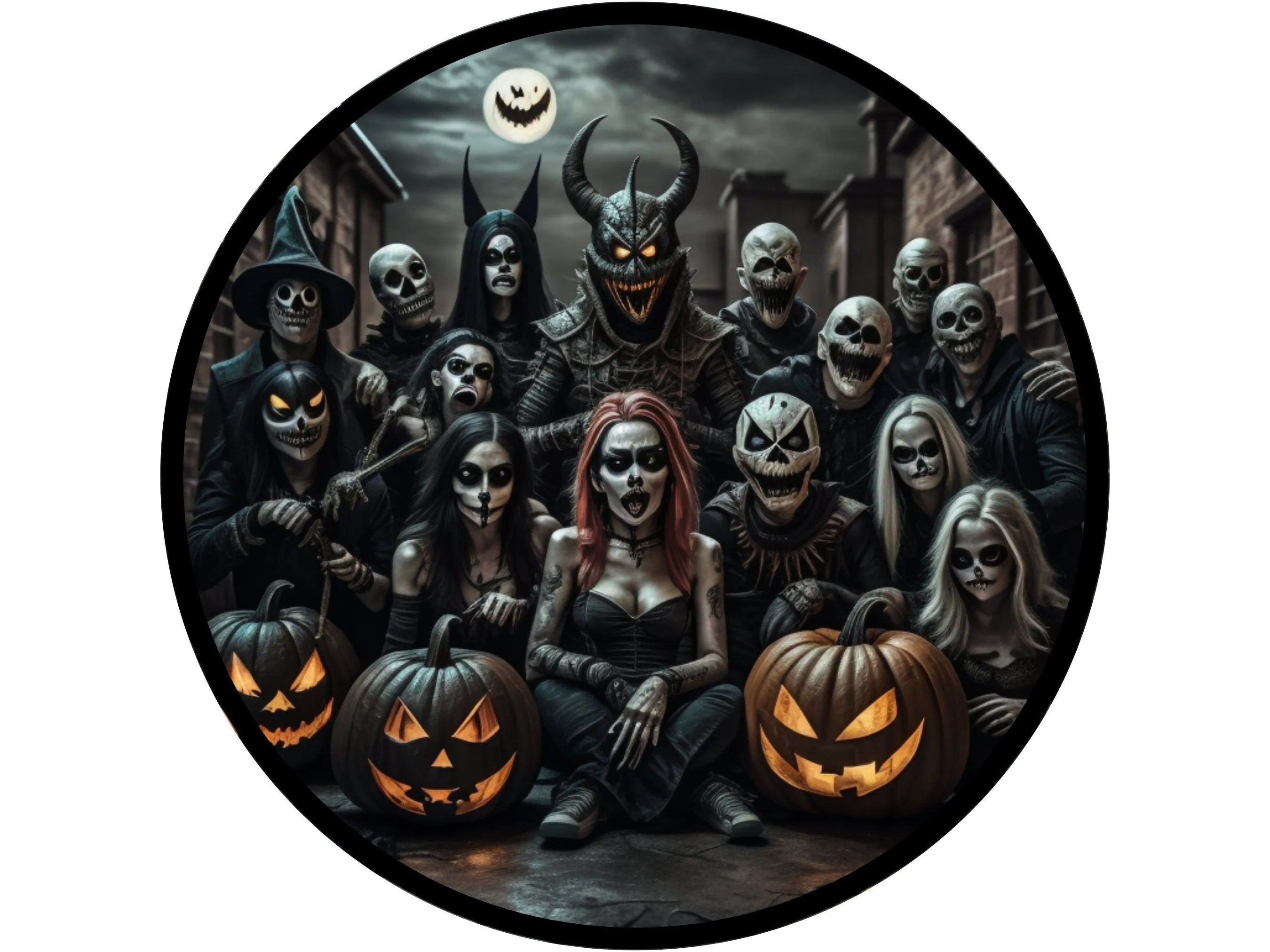 scary gothic group of zombies and pumpkins wreath sign, sign for Halloween, sign for October