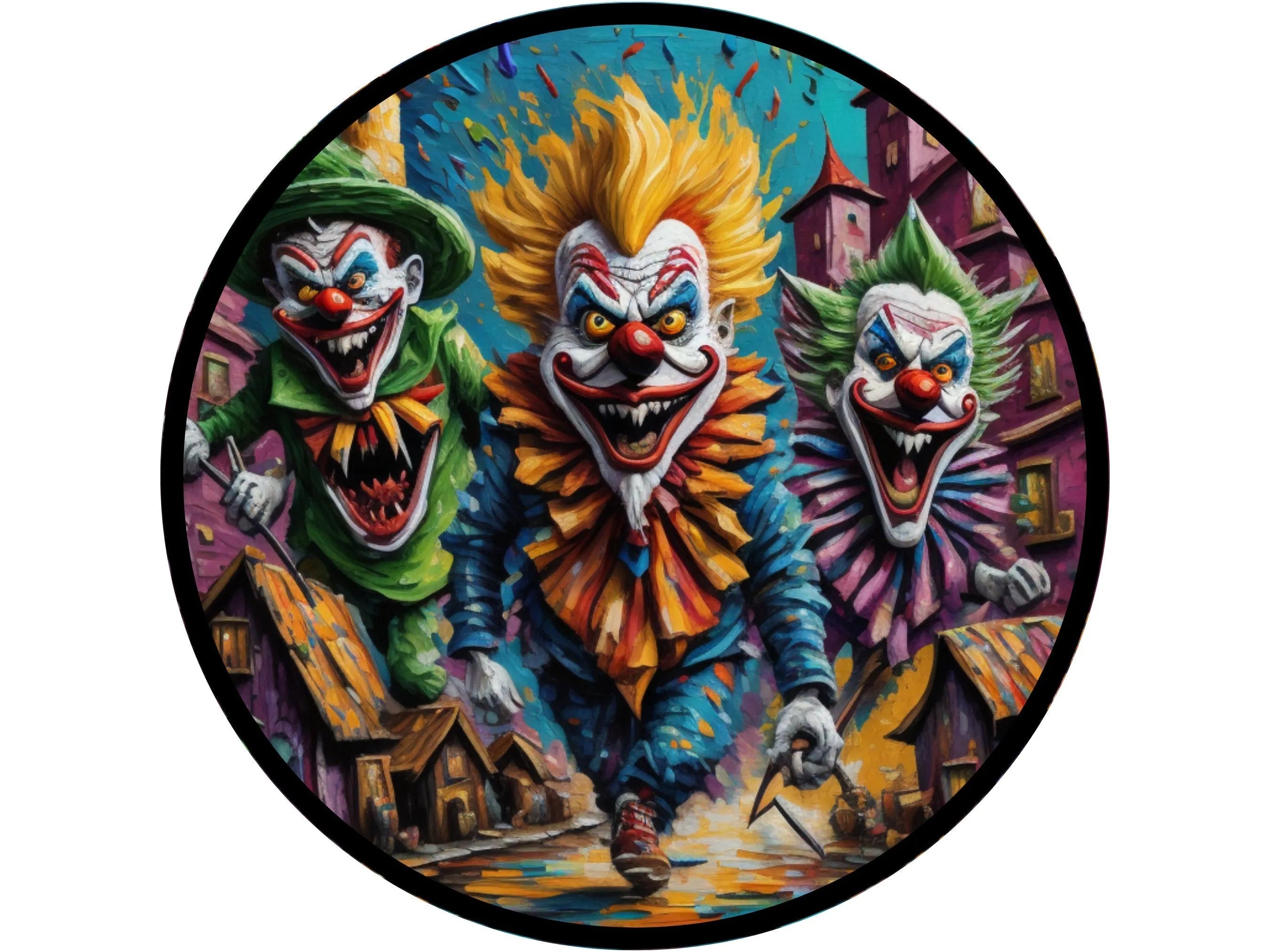 scary painted killer clowns terrorizing a village wreath sign, sign for Halloween, sign for October