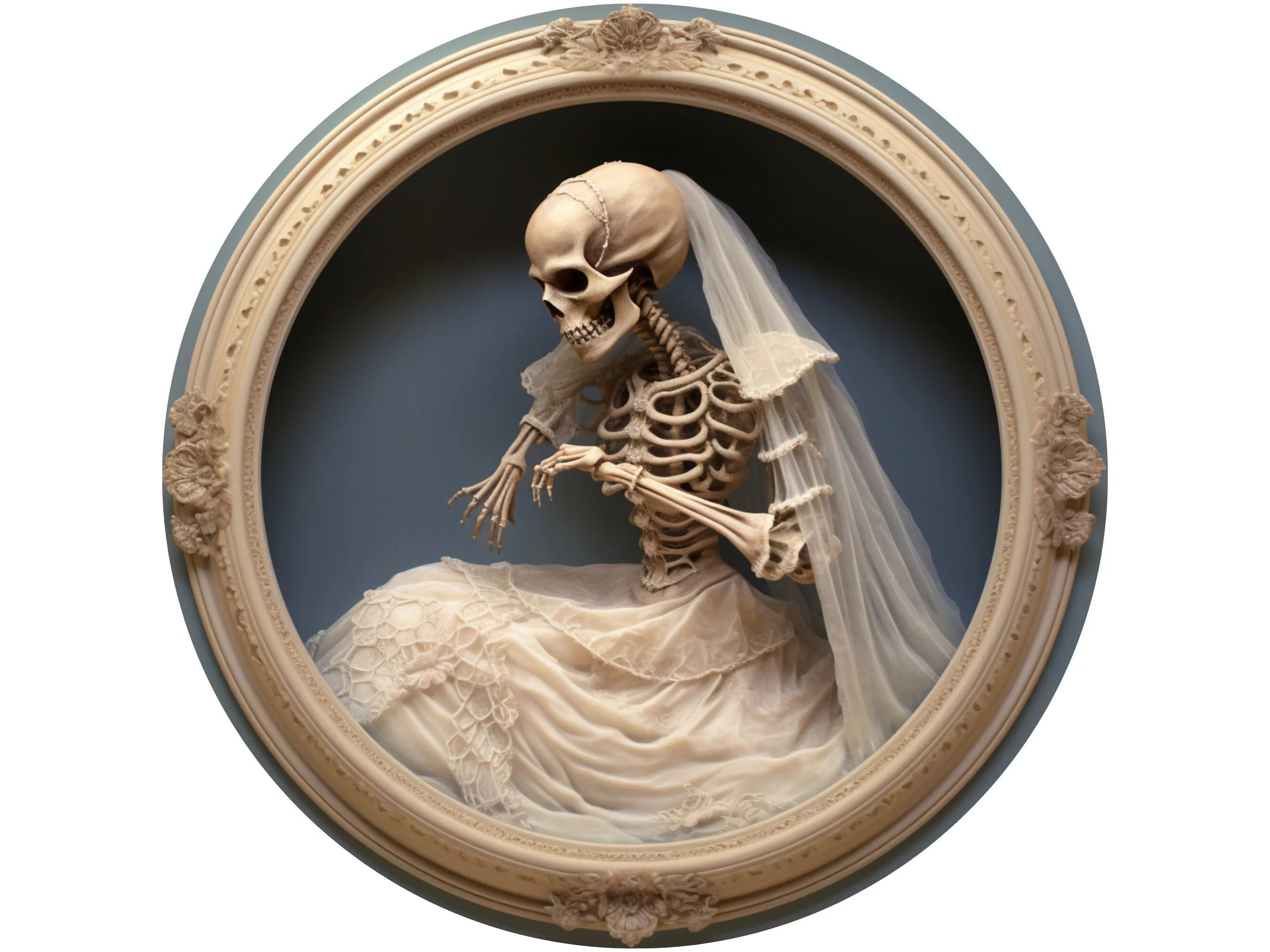 scary skeleton bride in wedding dress wreath sign, sign for Halloween, sign for October