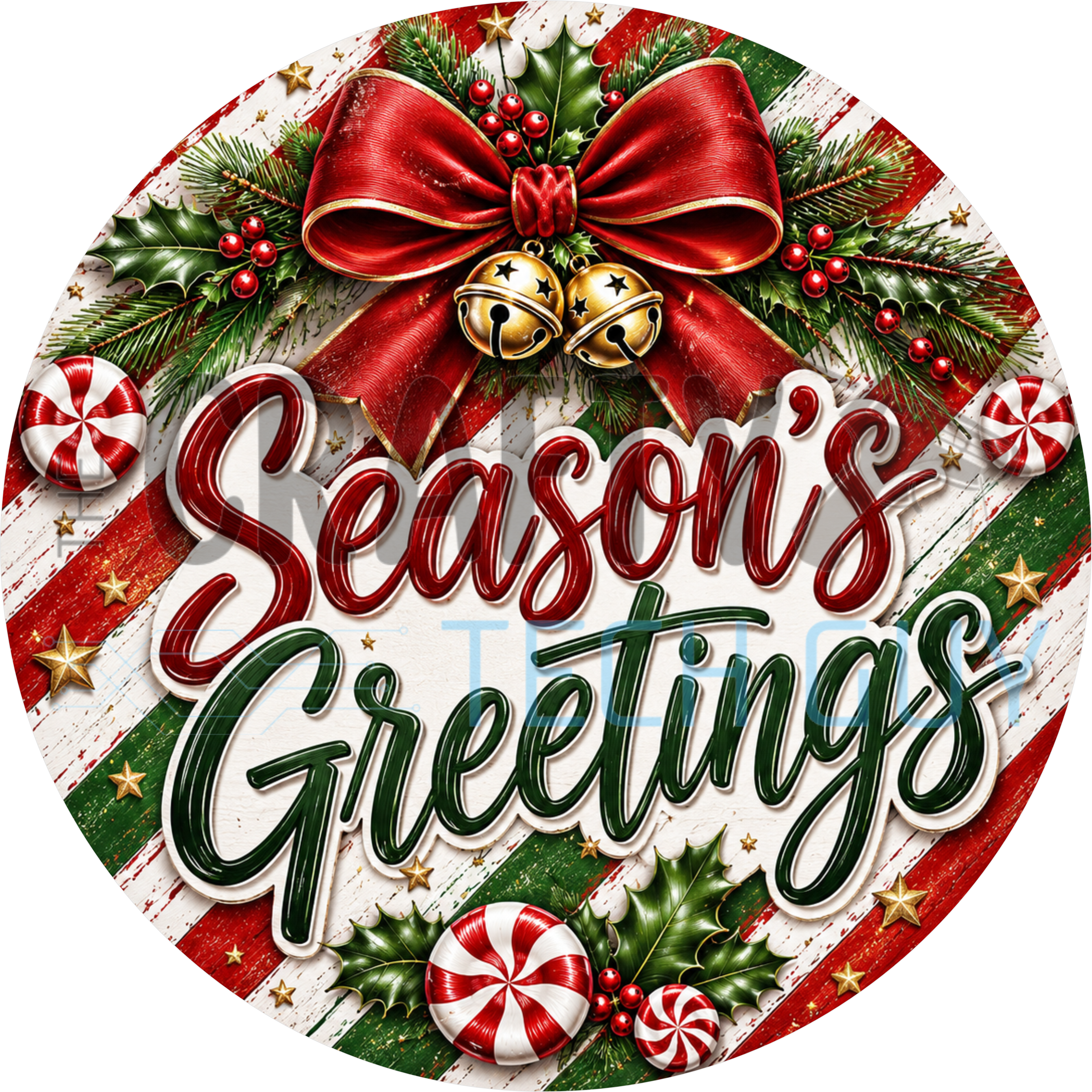 Season's Greetings round sign with red bow, gold jingle bells, peppermint candies and holly on red and green striped wood