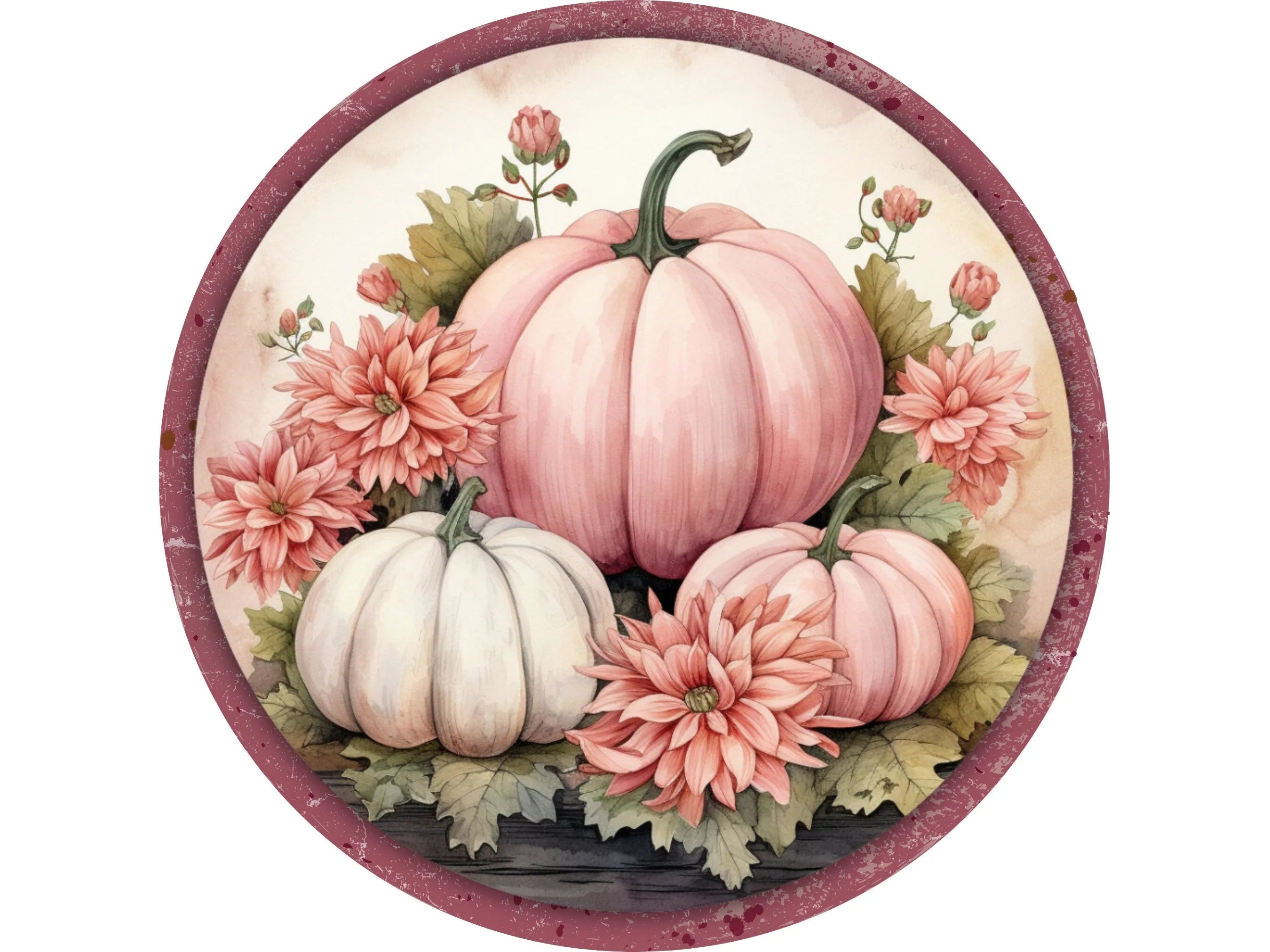 Shabby Chic Pink Pumpkin Sign, Pink and White Floral Fall Metal Art, Farmhouse Autumn Decor, Harvest Front Door Sign