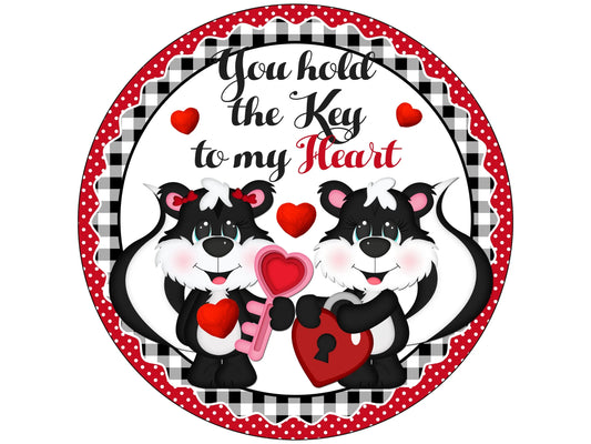 skunks in love happy valentines day wreath sign, skunk couple with gifts valentine's day sign, skunks exchanging valentine gifts wall art