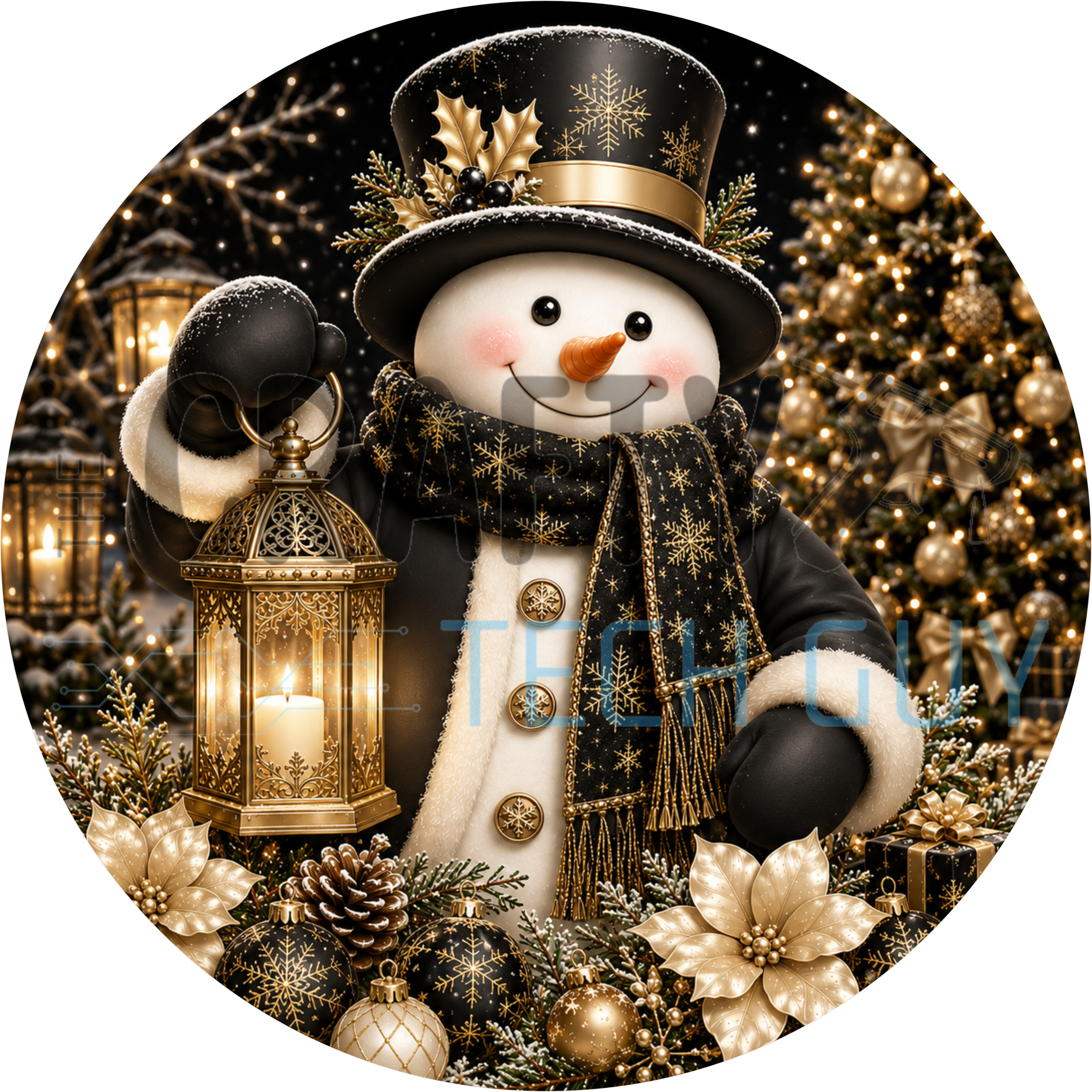 Snowman round sign with black top hat, gold snowflake scarf, glowing gold lantern, gold Christmas tree and gold poinsettias