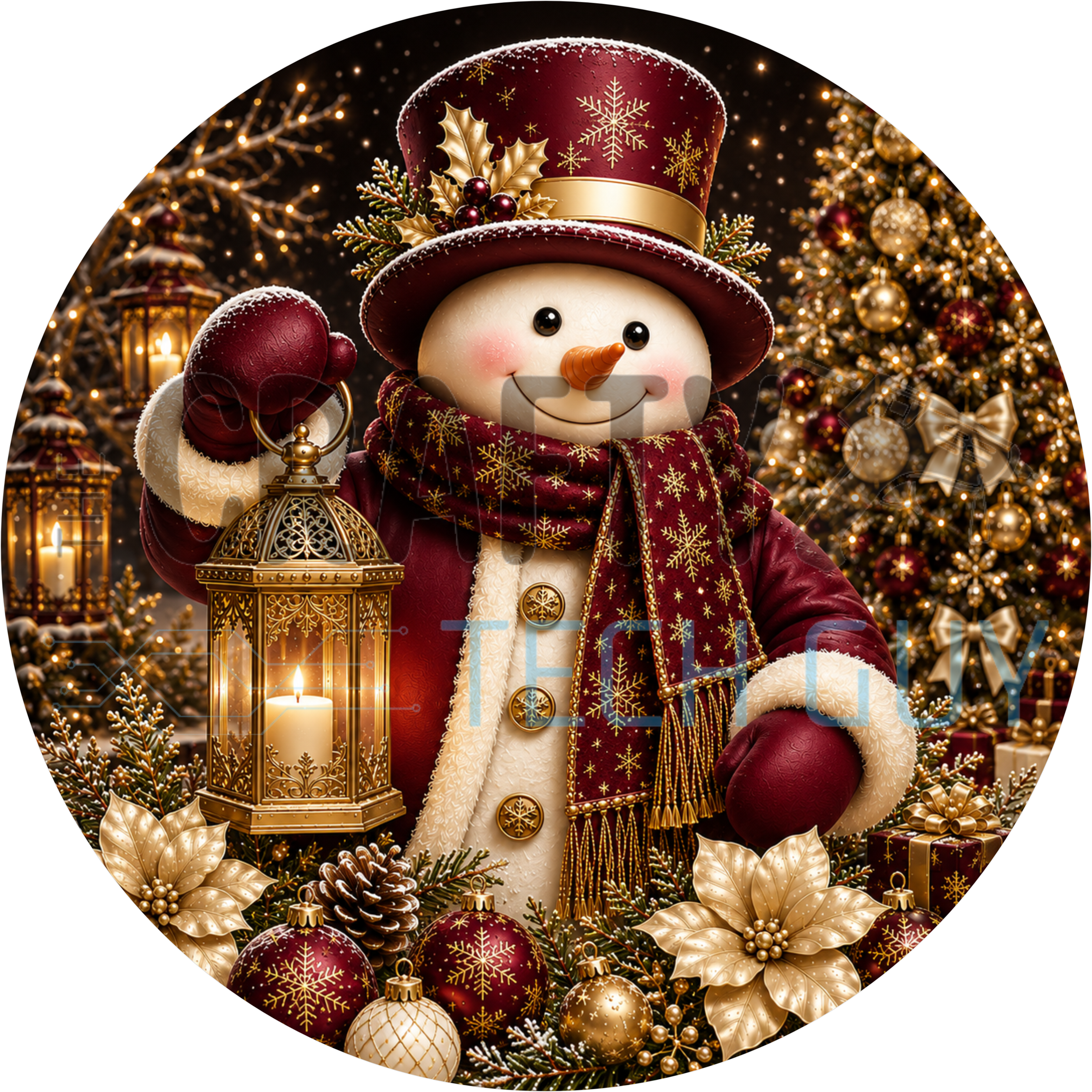 Snowman round sign with burgundy top hat, snowflake scarf, gold lantern, burgundy ornaments and cream poinsettias at night