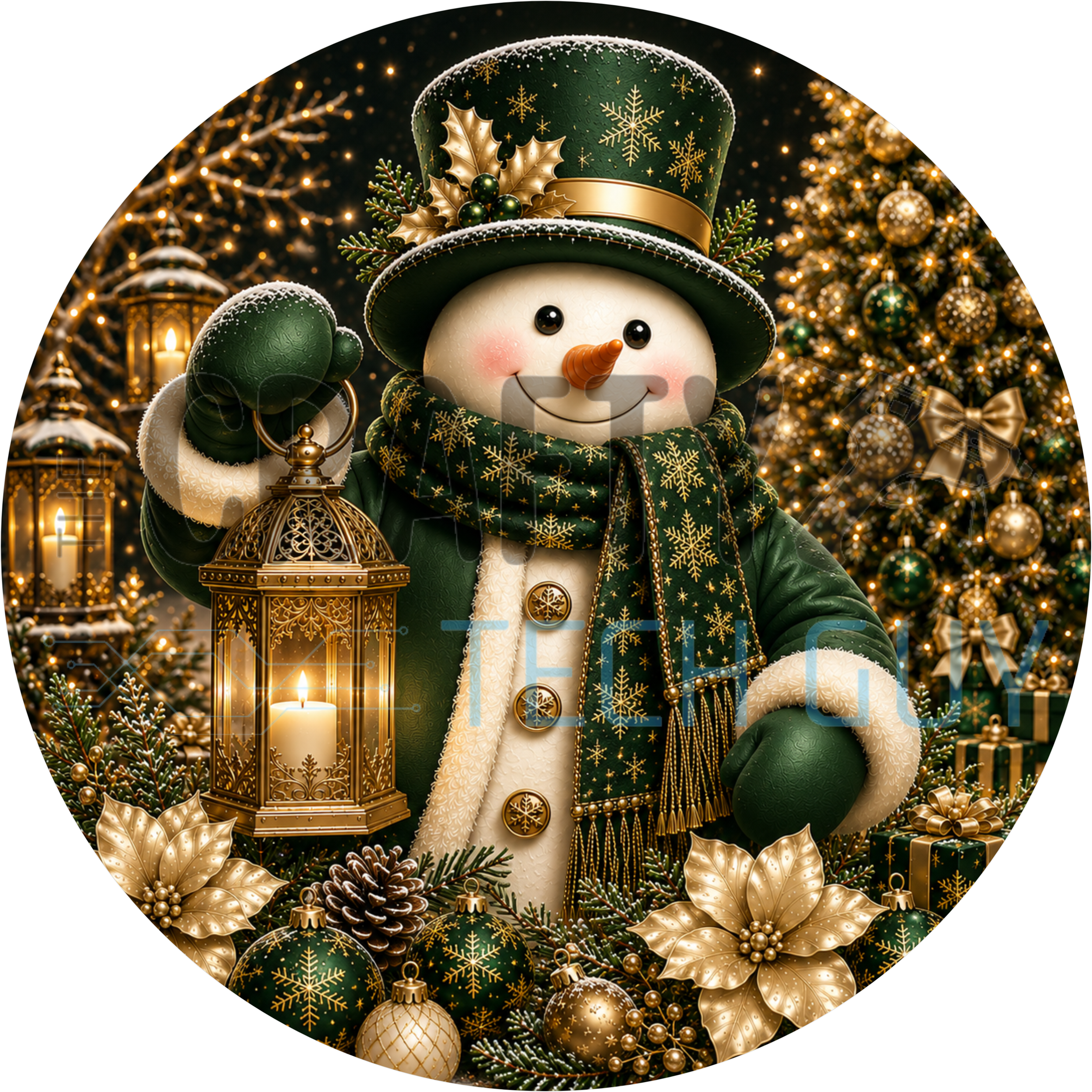 Snowman round sign with emerald green top hat, gold snowflake scarf, gold lantern, green and gold ornaments and gold poinsettias