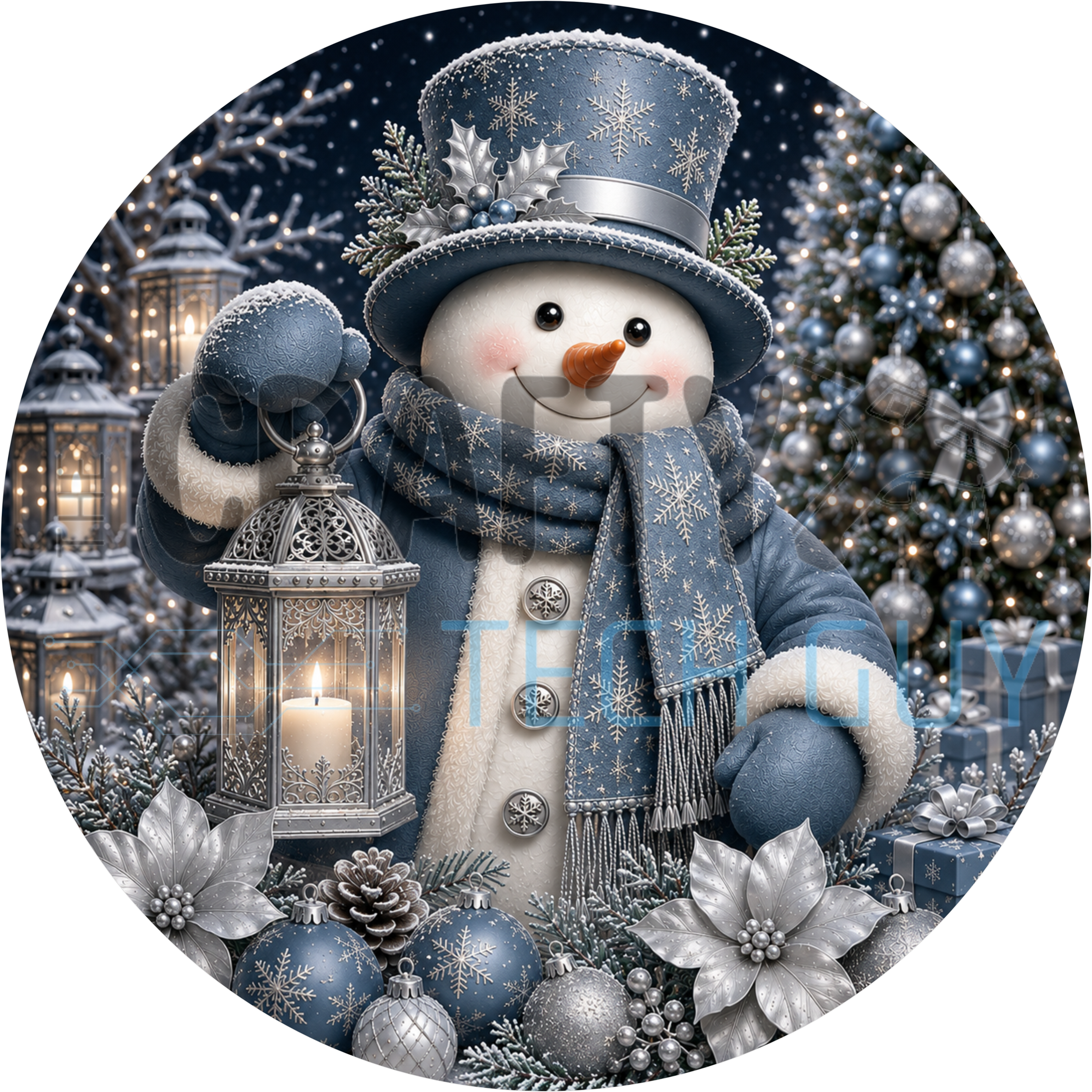 Snowman round sign with dusty blue top hat, snowflake scarf, silver lantern, blue and silver ornaments and white poinsettias