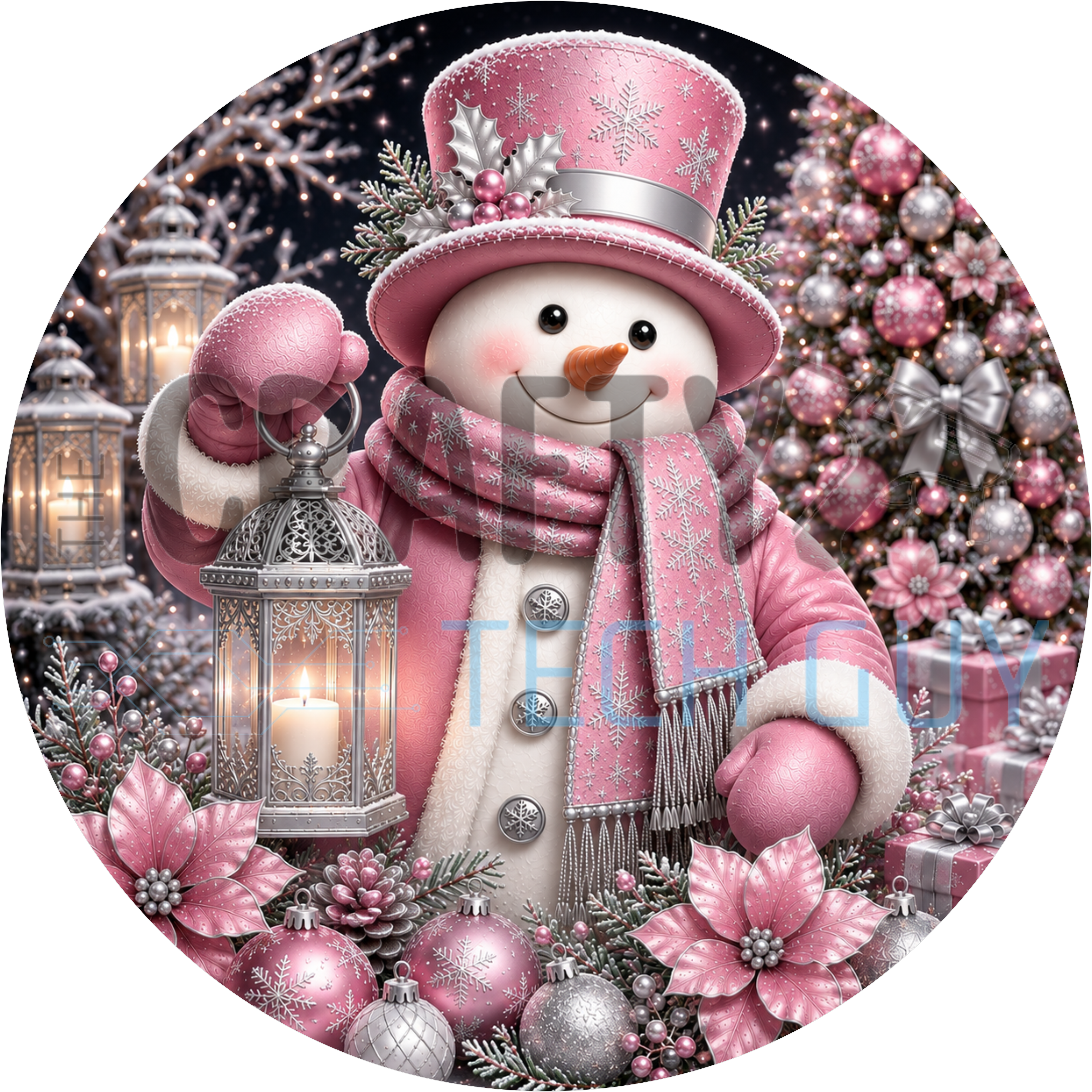 Snowman round sign with pink top hat, snowflake scarf, silver lantern, pink and silver ornaments and blush poinsettias
