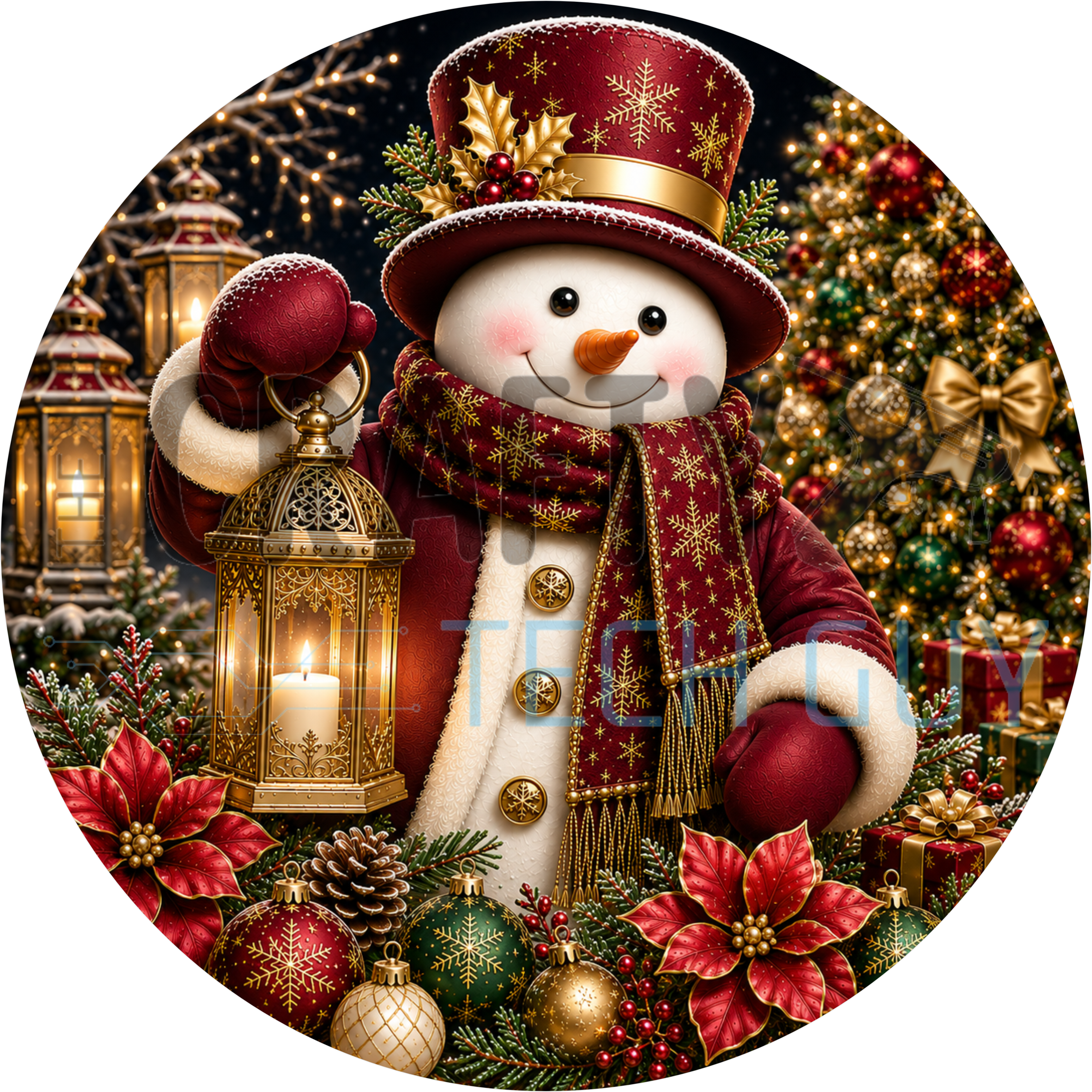 Snowman round sign with red top hat, gold snowflake scarf, gold lantern, red and gold ornaments and red poinsettias