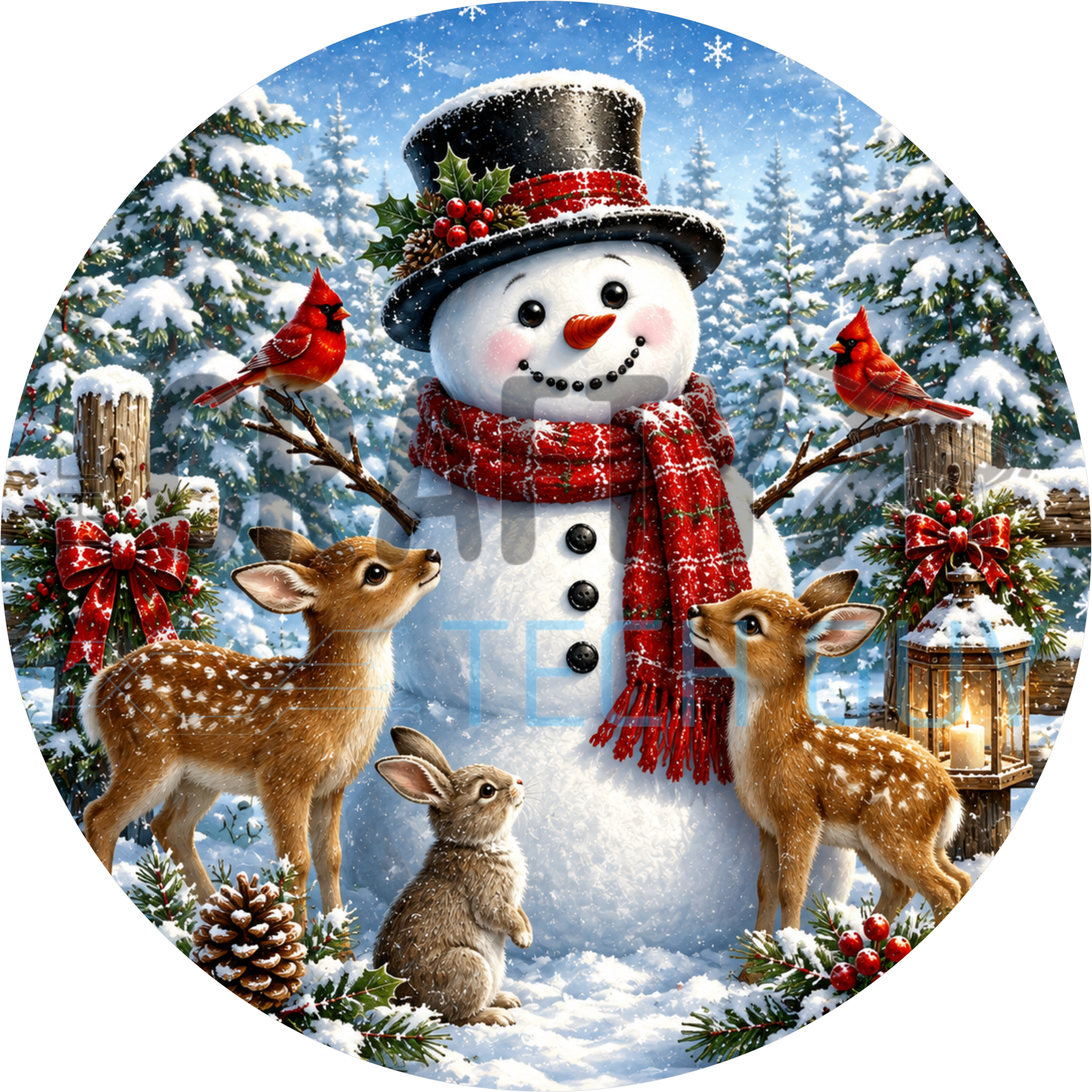 Snowman round sign with black top hat and red plaid scarf beside two fawns, a bunny and red cardinals in a snowy pine forest