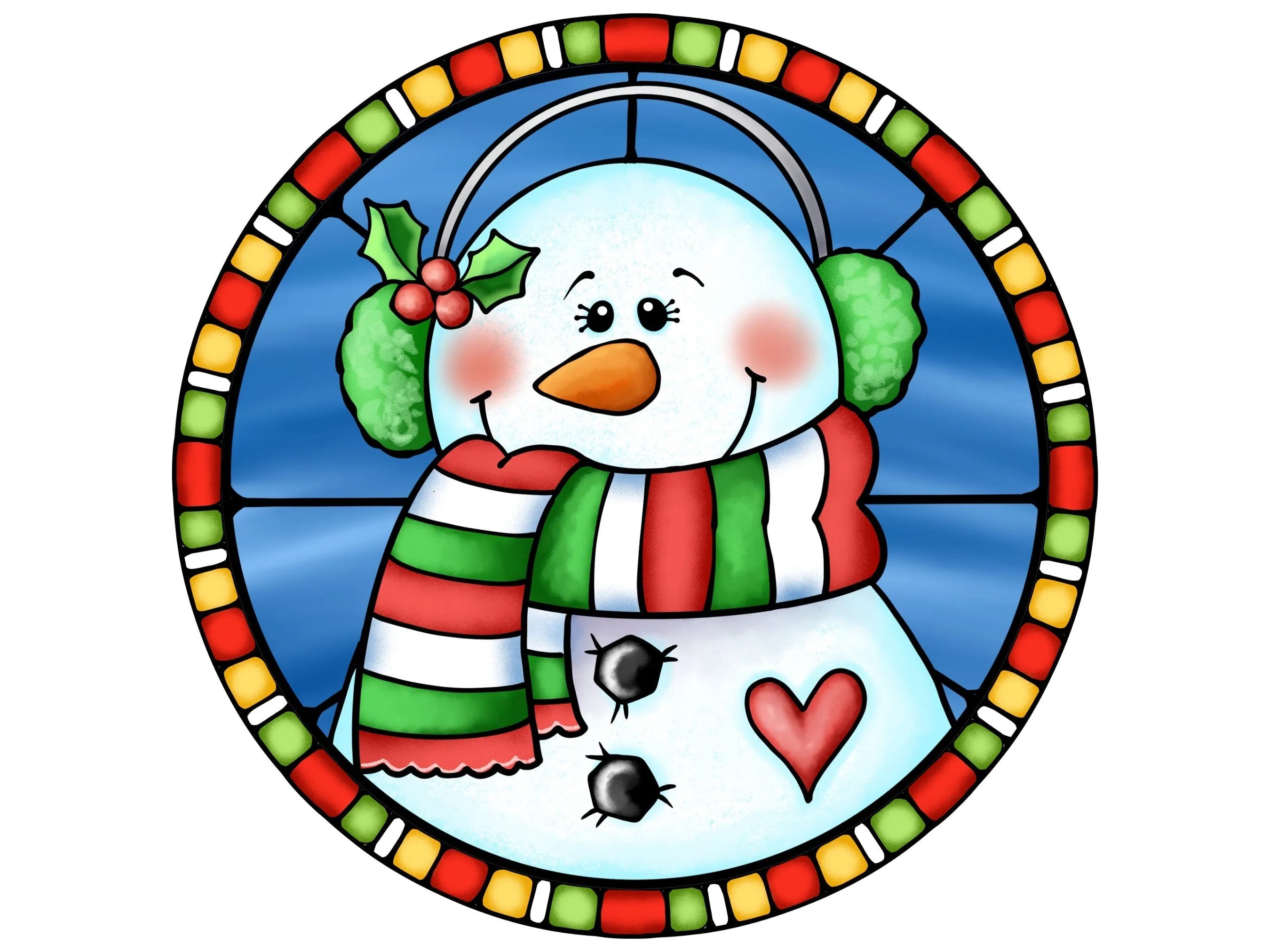 Snowman with earmuffs stained glass sign, Snowman stained glass sign, religious stained glass window sign, winter stained glass sign