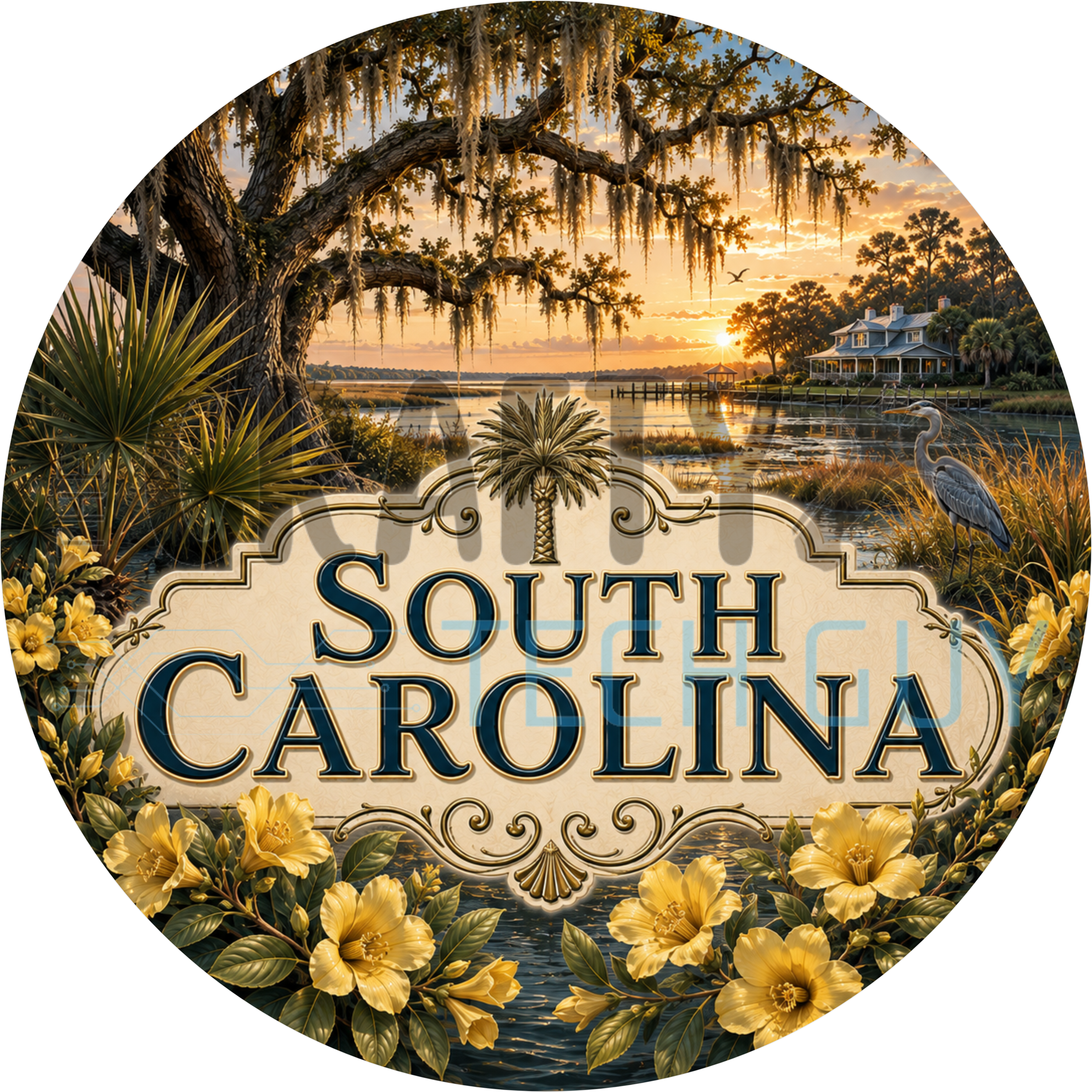 South Carolina round wreath sign in coated aluminum, showing a palmetto tree, yellow jessamine, a heron and golden marsh grass
