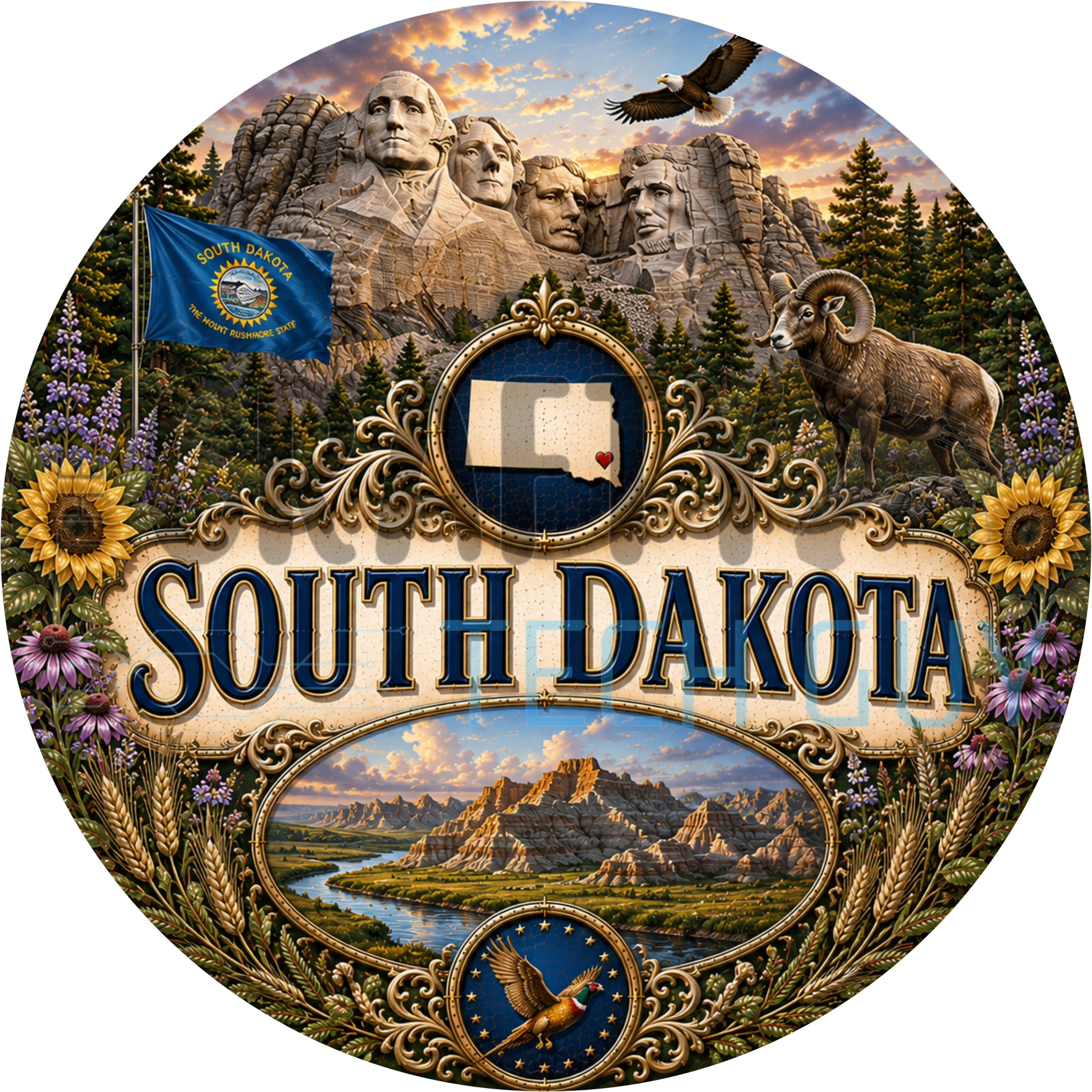 South Dakota round wreath sign in coated aluminum, showing Mount Rushmore, badlands buttes, sunflowers and a bighorn sheep