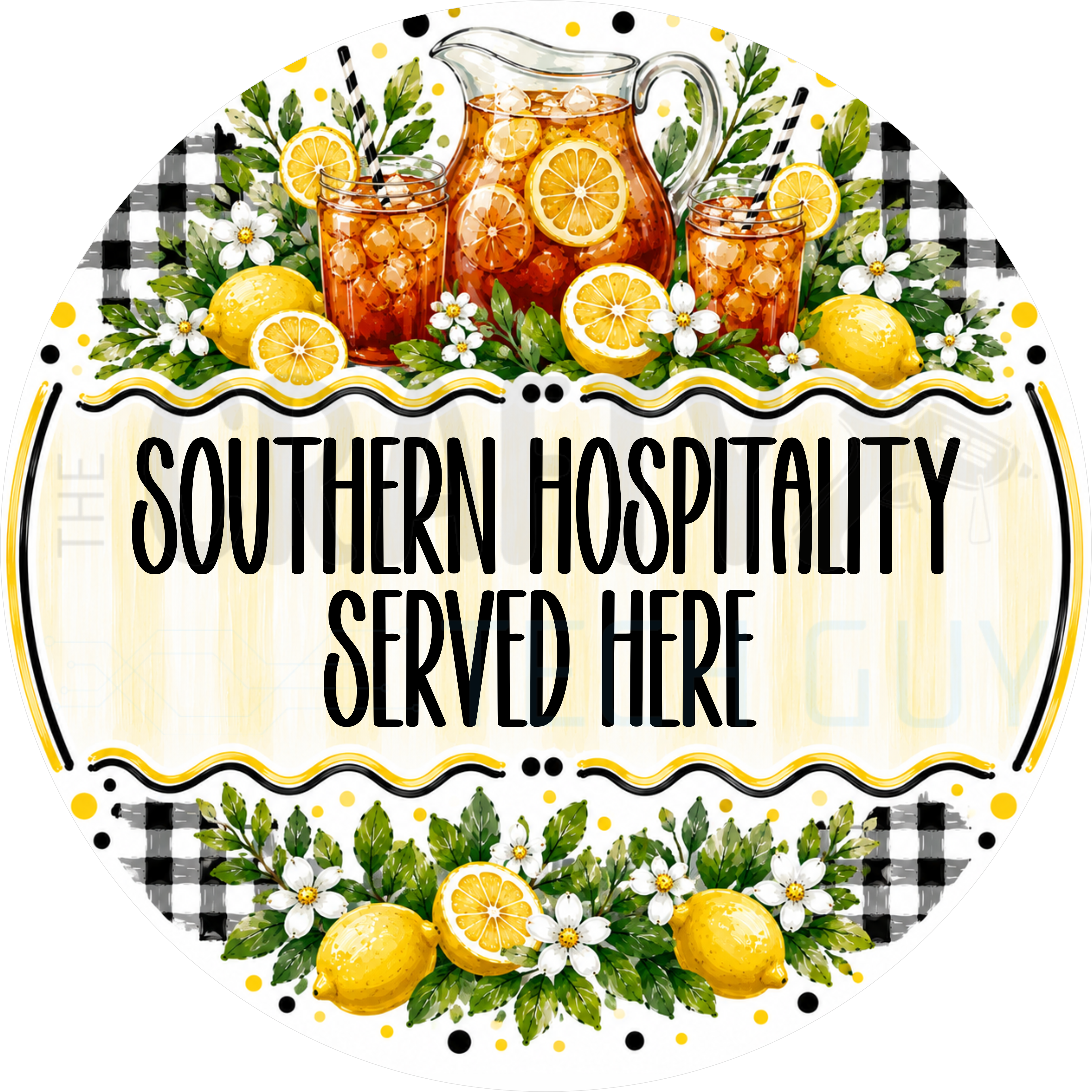Southern Hospitality Served Here round wreath sign in coated aluminum, showing a painted pitcher of sweet tea, mason jars and lemons over buffalo check